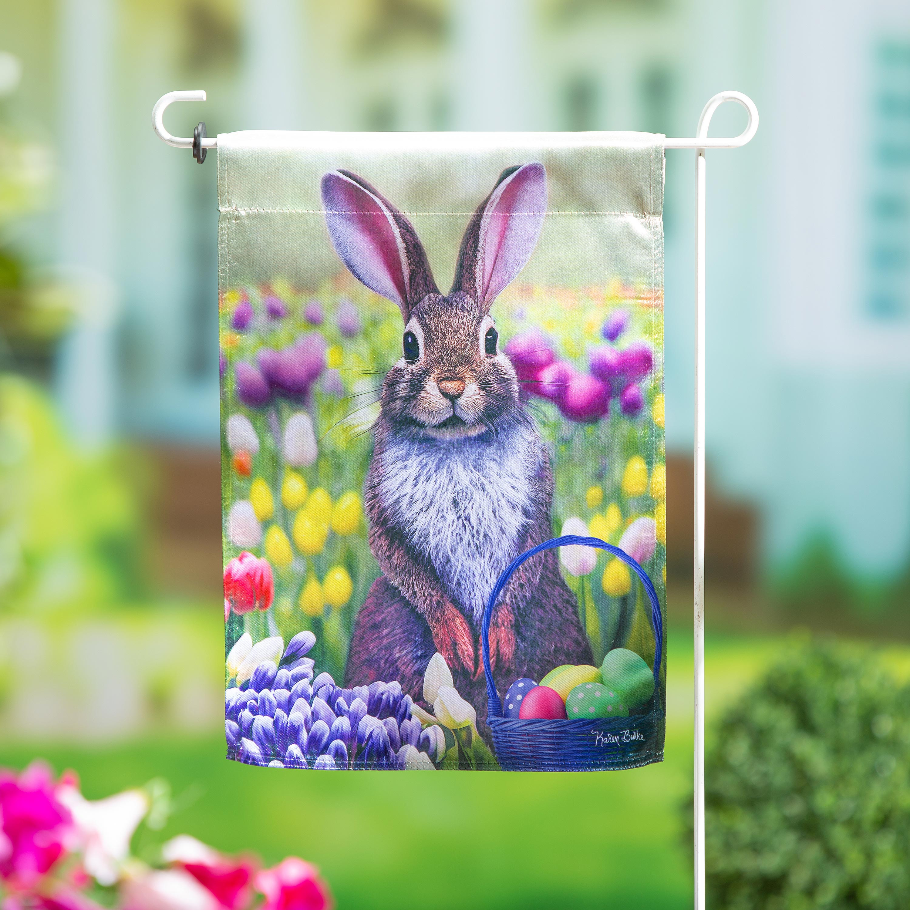 Bunny in Tulip Field Lustre Garden Flag