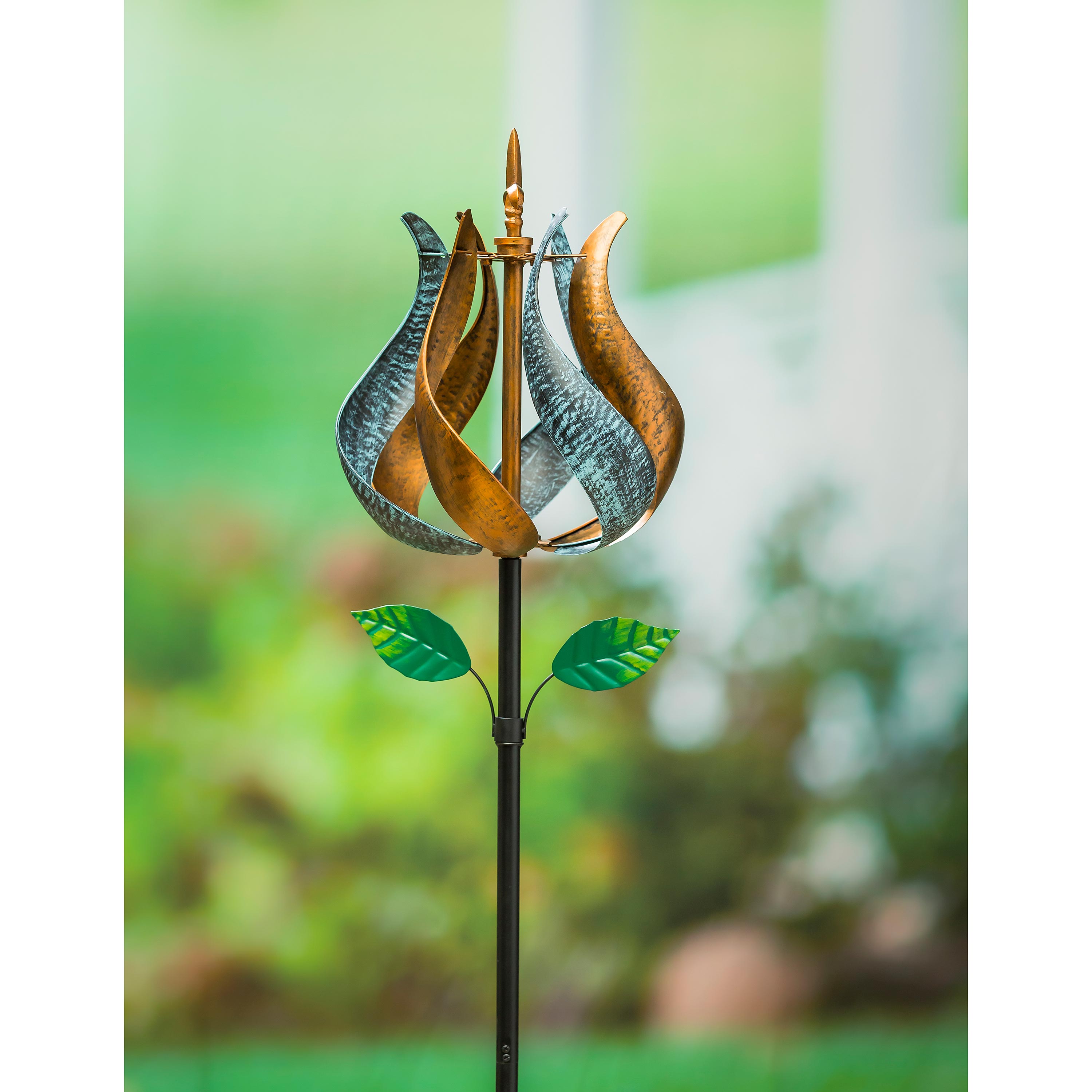 75"H Wind Spinner, Bronze and Blue Patina Tulip