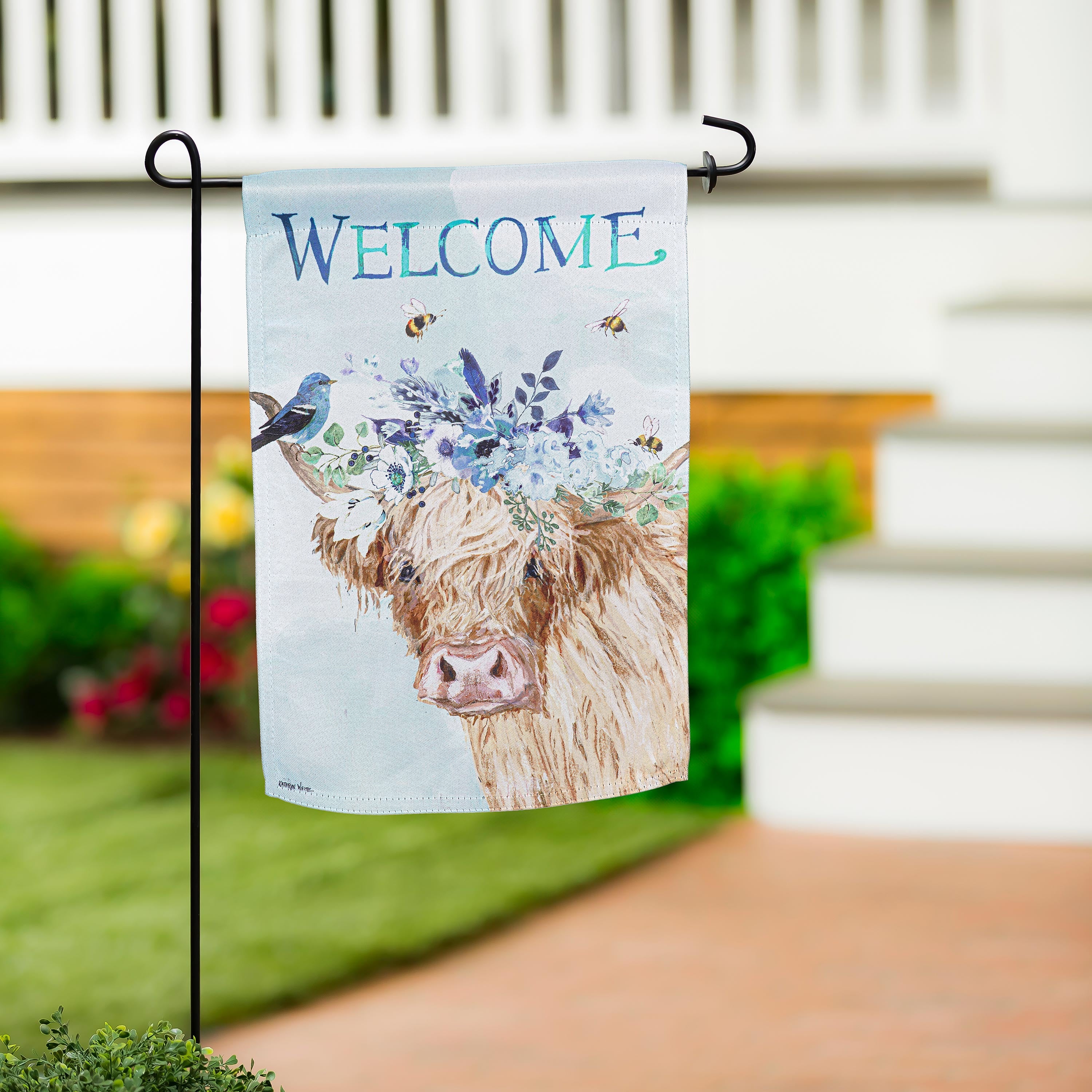 Hillside Pasture Floral Cow Suede Garden Flag
