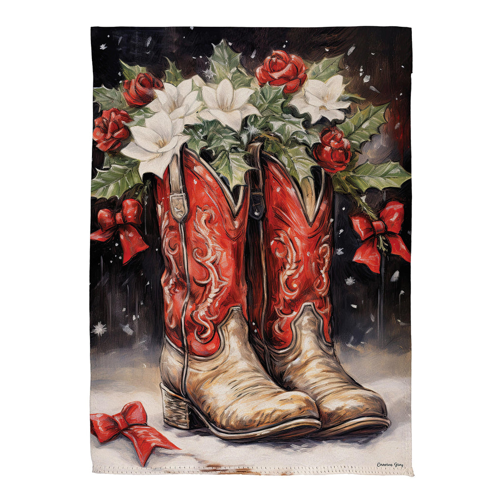 Red Christmas Cowboy Boots Suede Garden Flag
