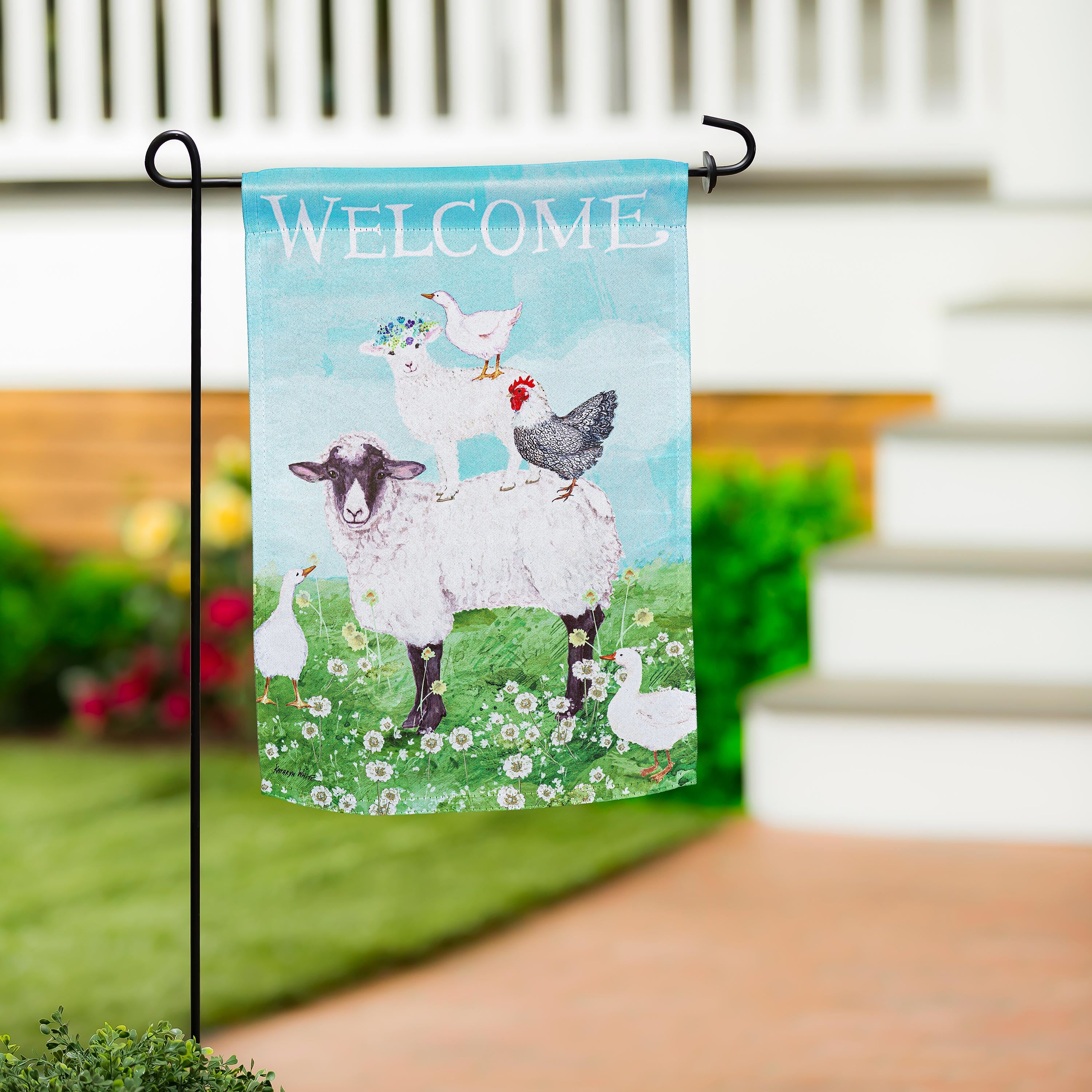 Hillside Pasture Welcome Farm Friends Suede Garden Flag