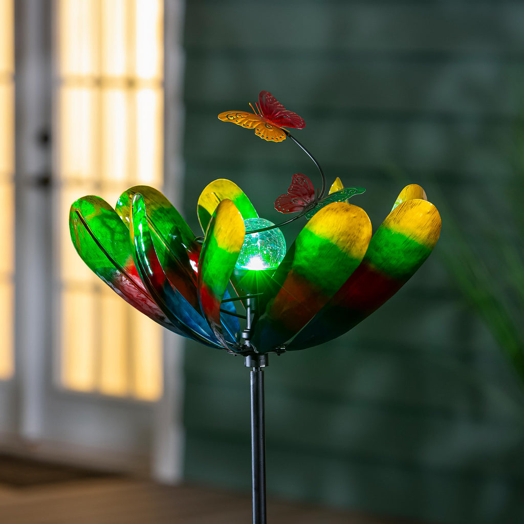 Solar Metal Wind Spinner, Multi Colored Flower, 75"H