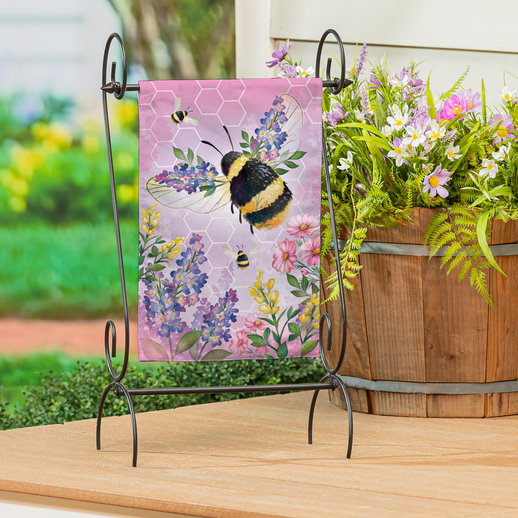 Cottage Garden Pink Florals Bee Burlap Garden Flag