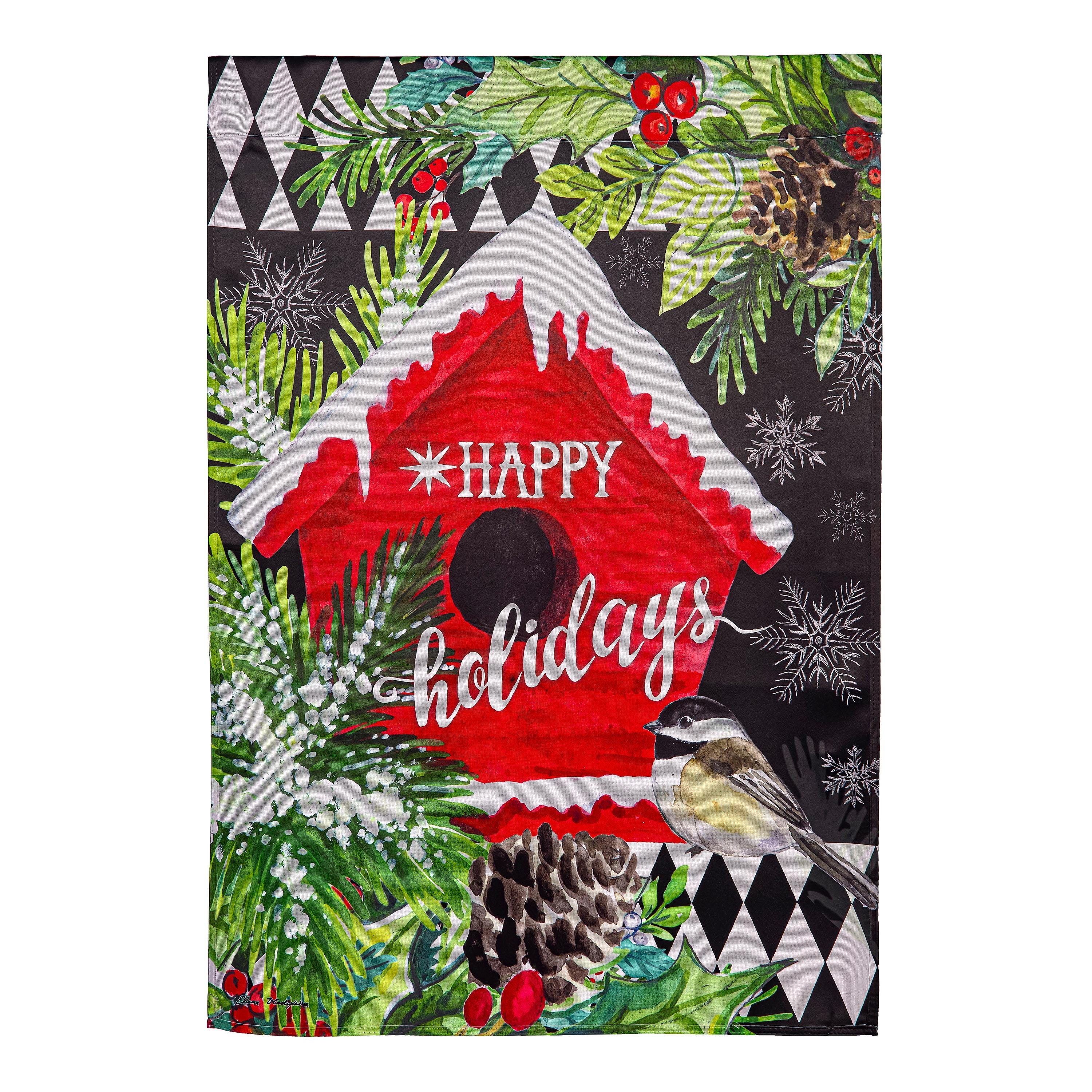 Floral Red Birdhouse Suede House Flag