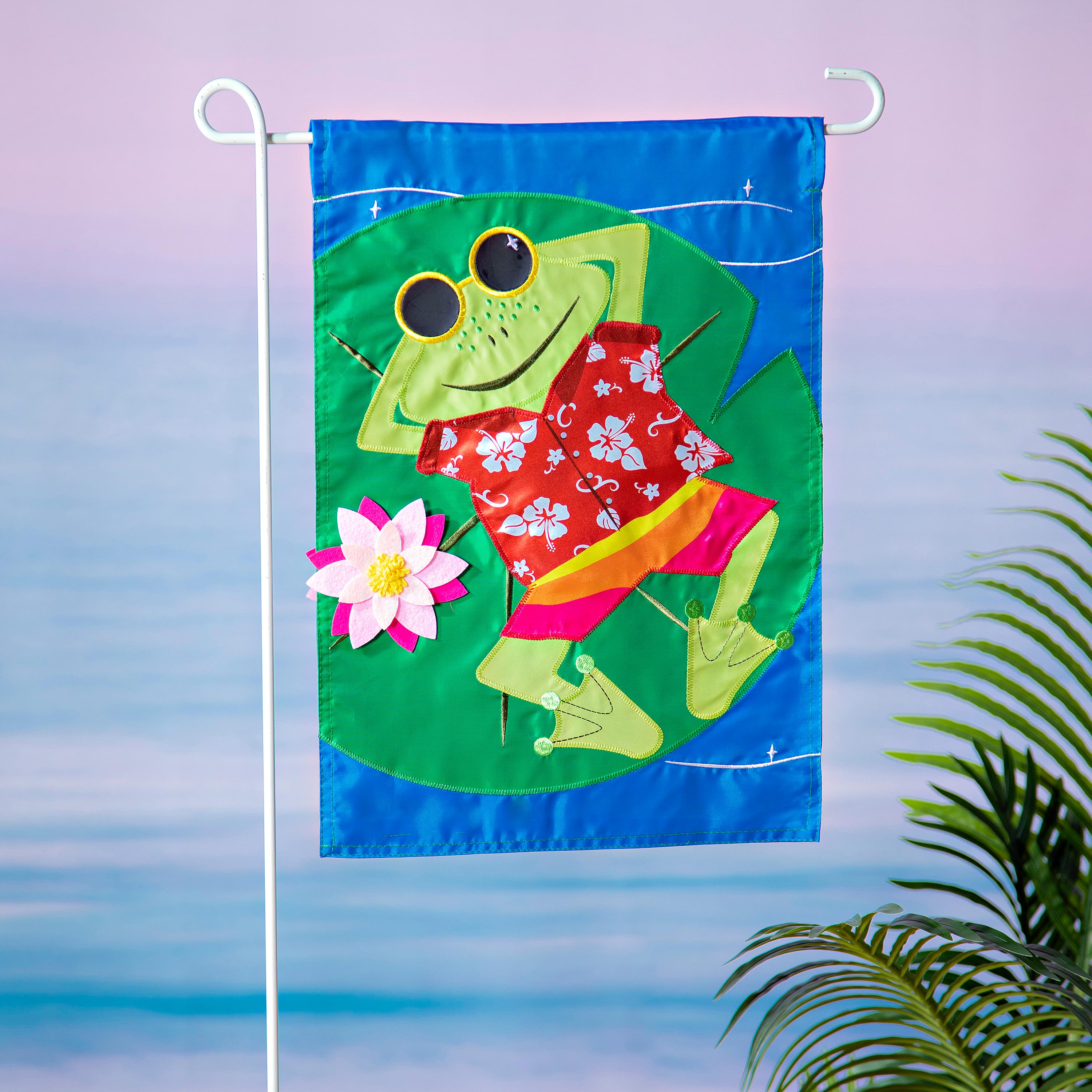 Frog's Summer Vacation Applique Garden Flag