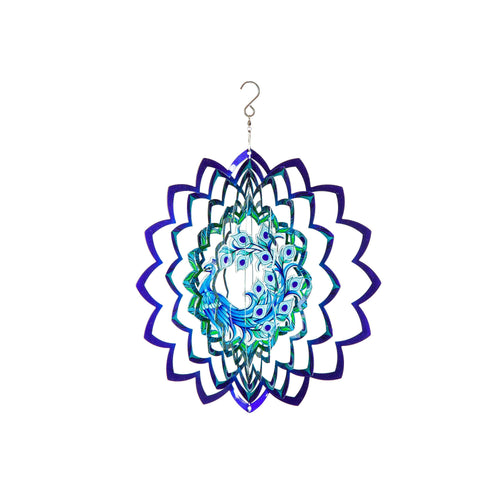 12" 3D Optical Illusion Hanging Metal Spinner, Peacock