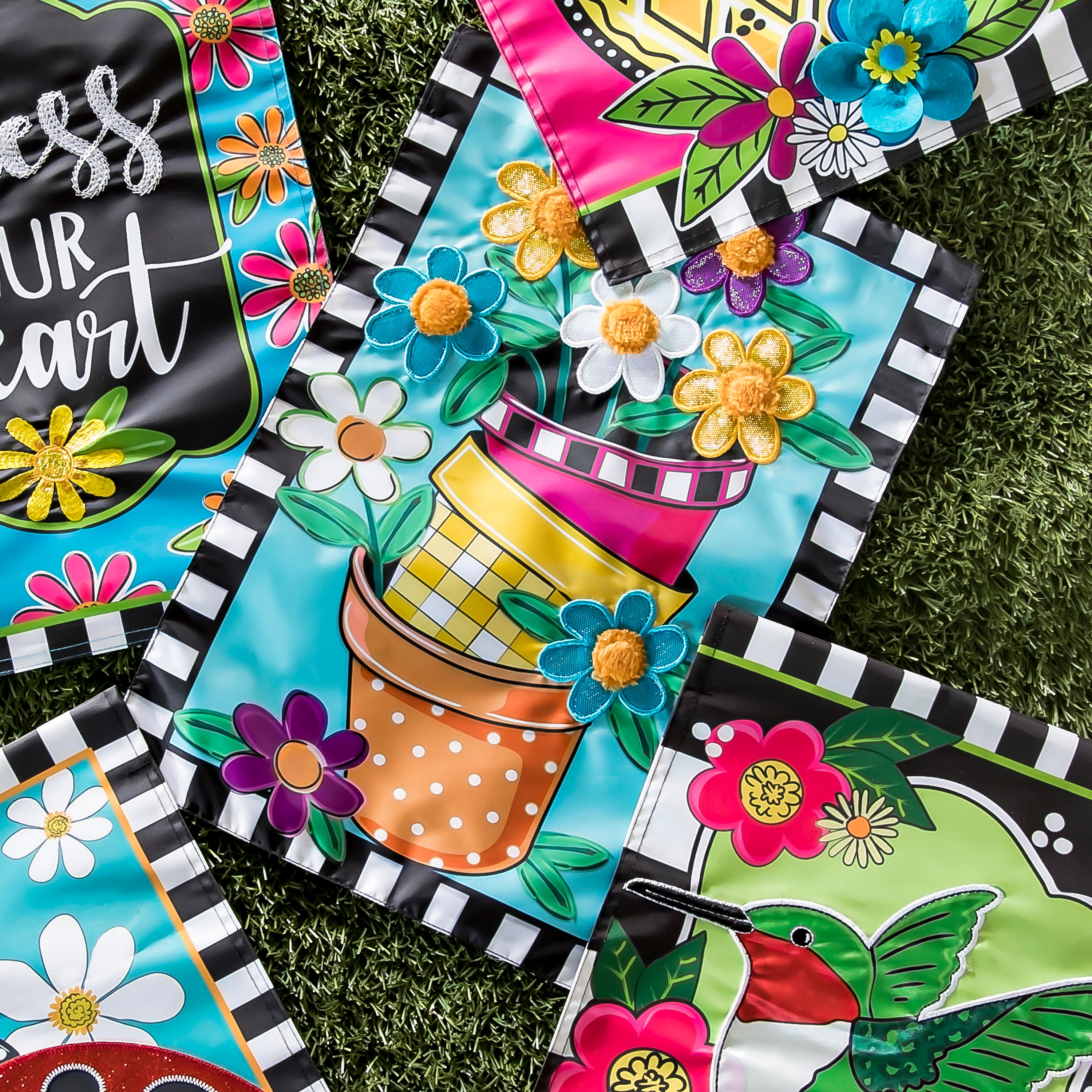 Stacked Spring Flower Pots Garden Applique Flag