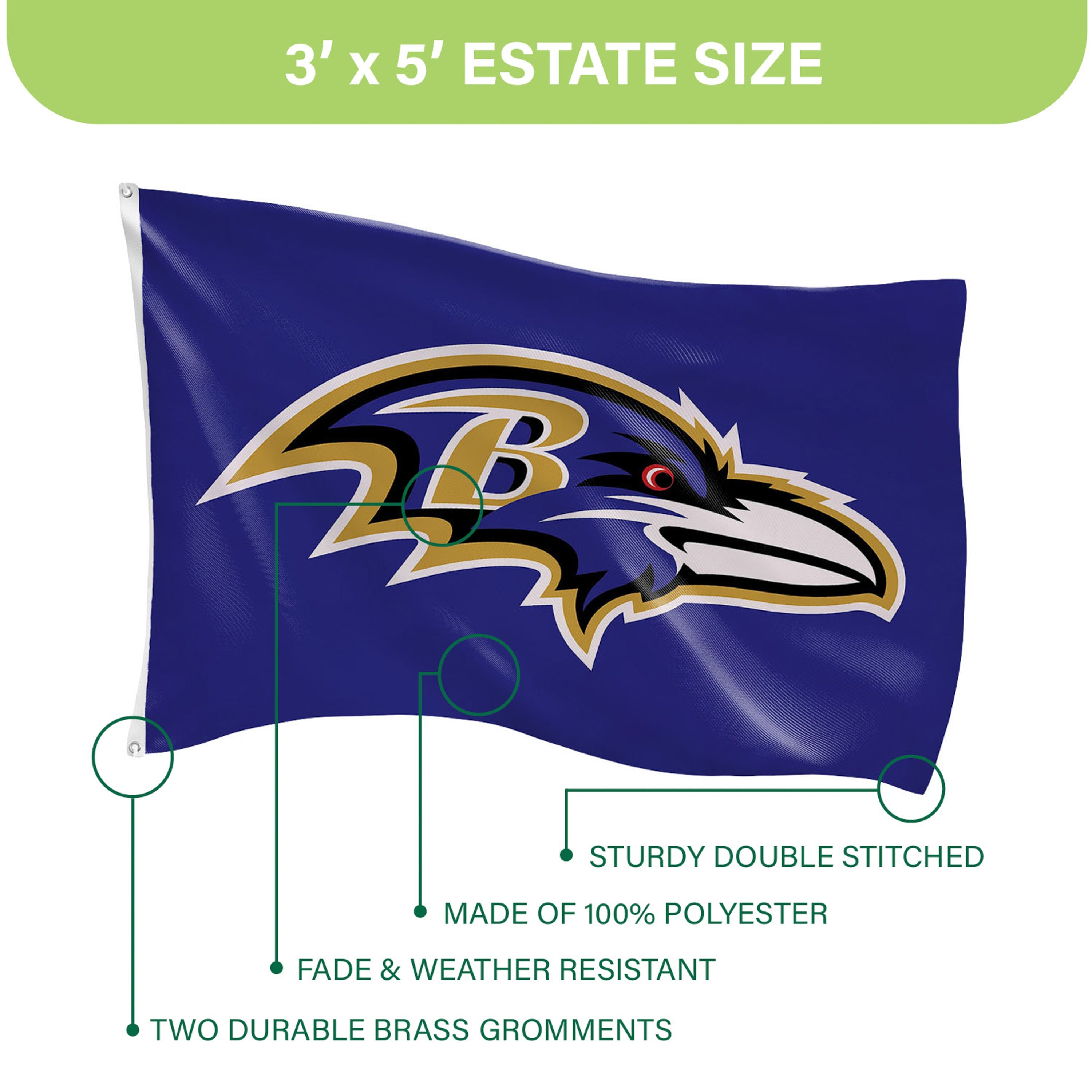 Baltimore Ravens Single Sided Flag w/ 2 Grommets, 3'x5'