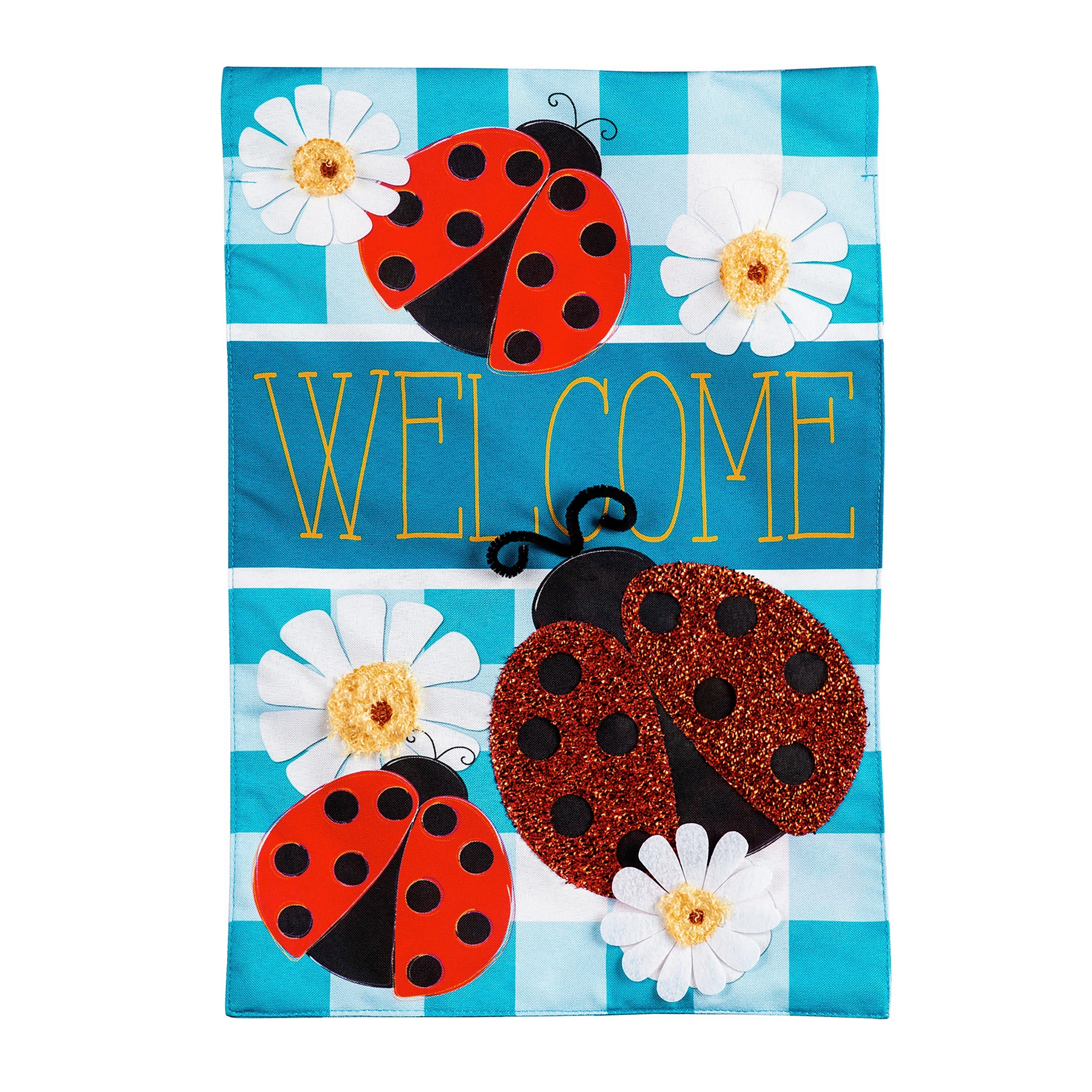 Ladybug Plaid Welcome Garden Linen Flag