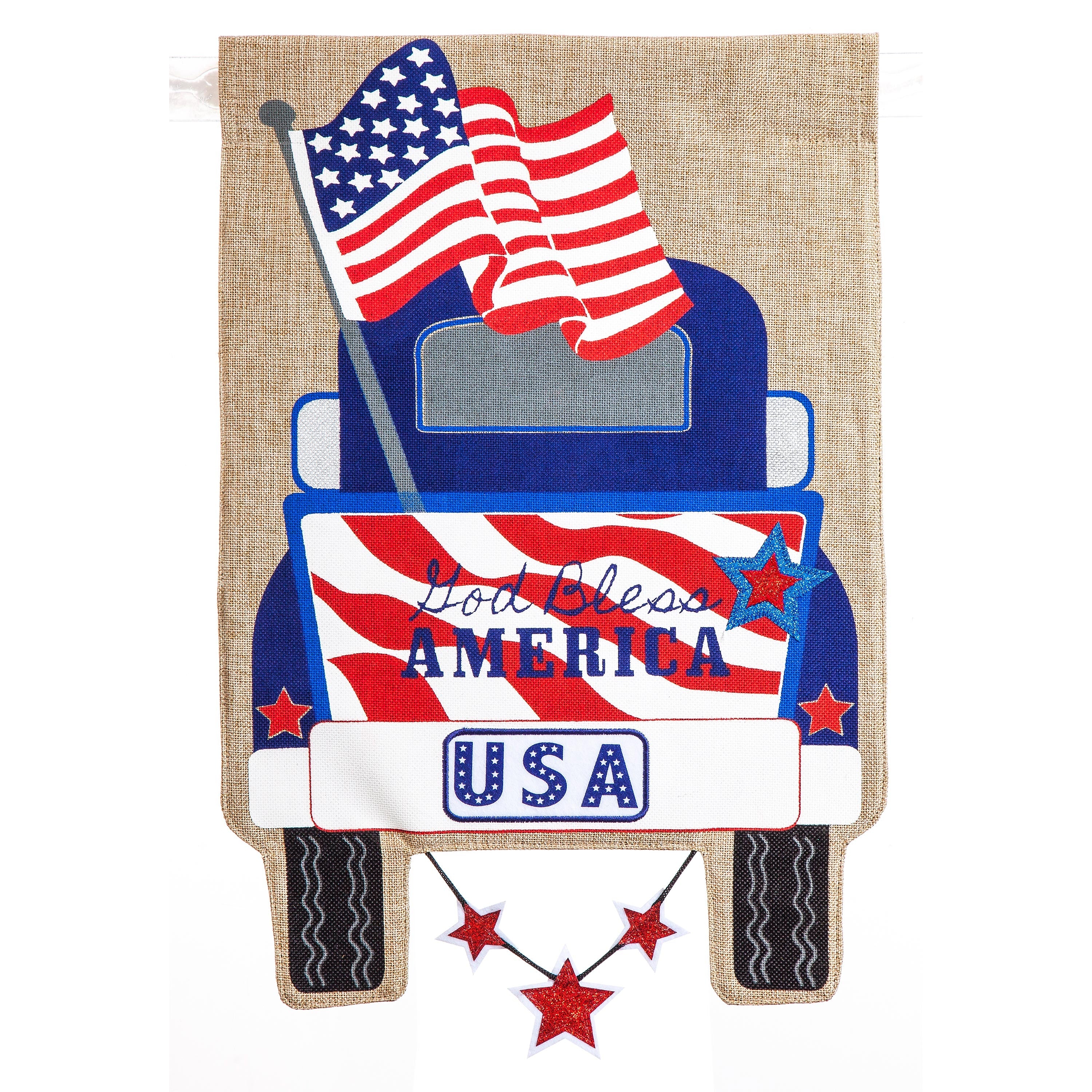 Patriotic Pick-Up Truck Garden Burlap Flag