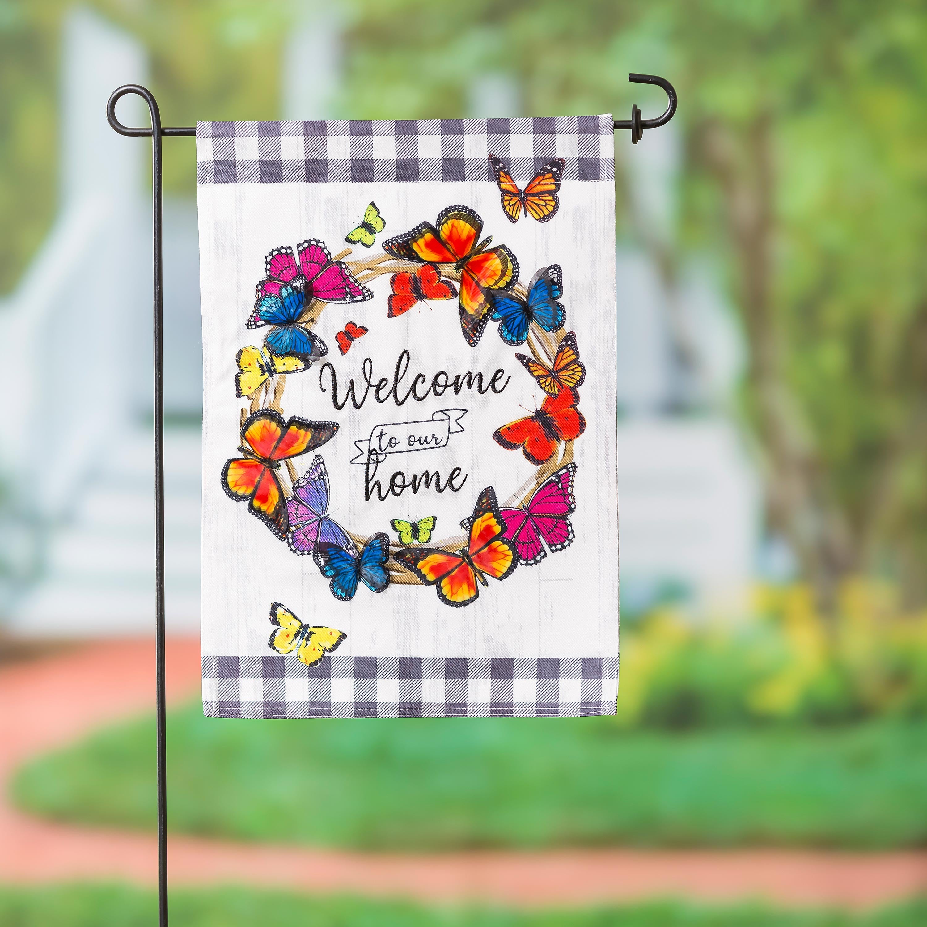 Butterfly Welcome Wreath Garden Linen Flag