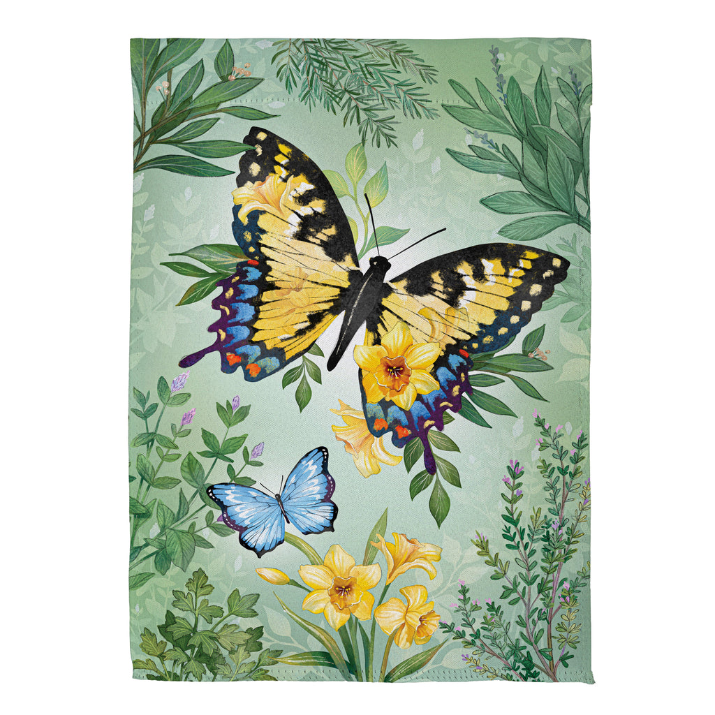 Cottage Garden Green & Yellow Florals Monarch Butterfly Suede Garden Flag