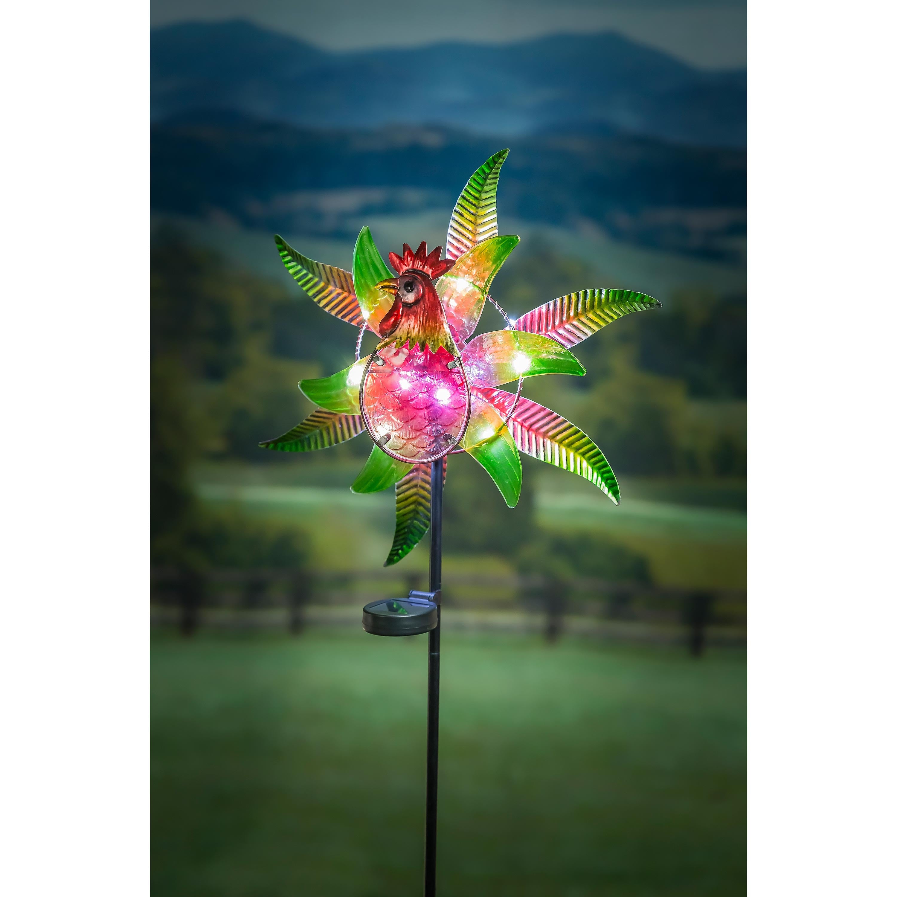 48"H Solar Staked Wind Spinner, Glass Rooster