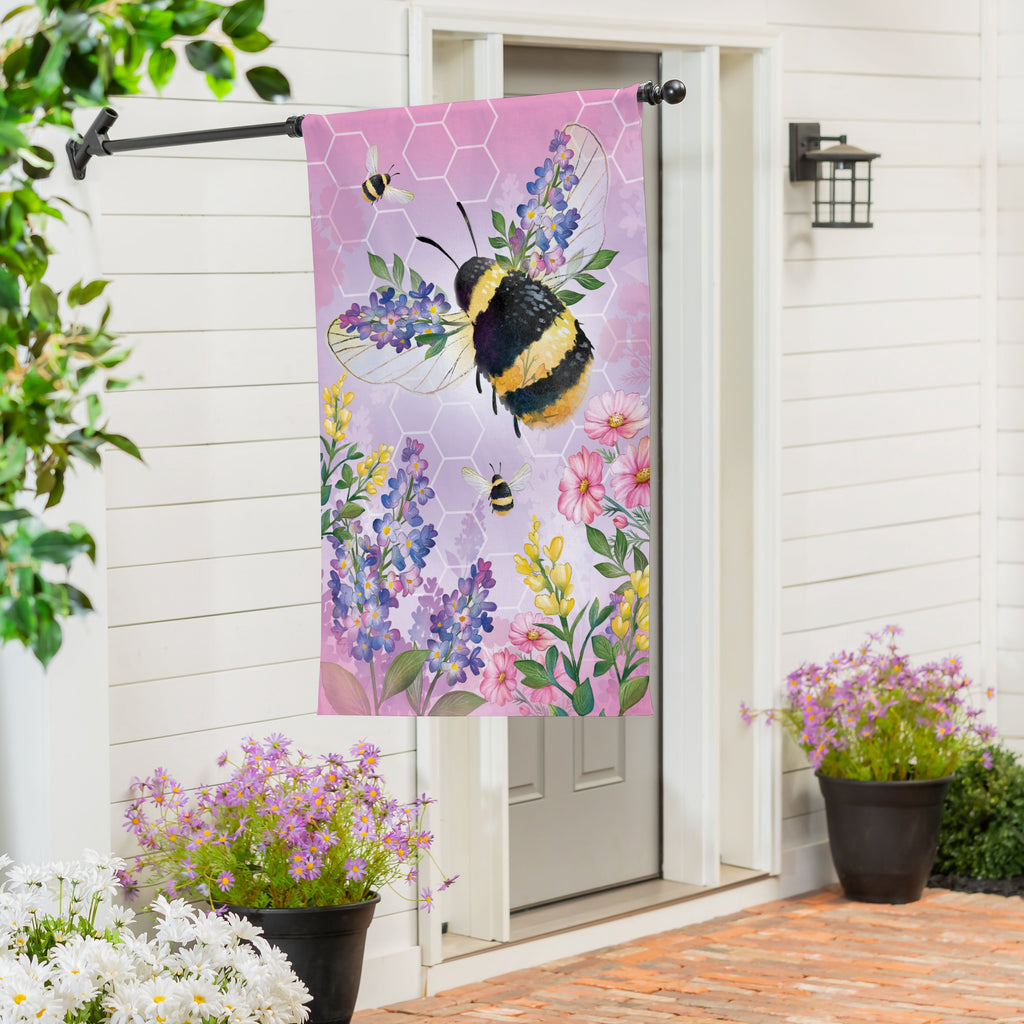 Cottage Garden Pink Florals Bee Burlap House Flag