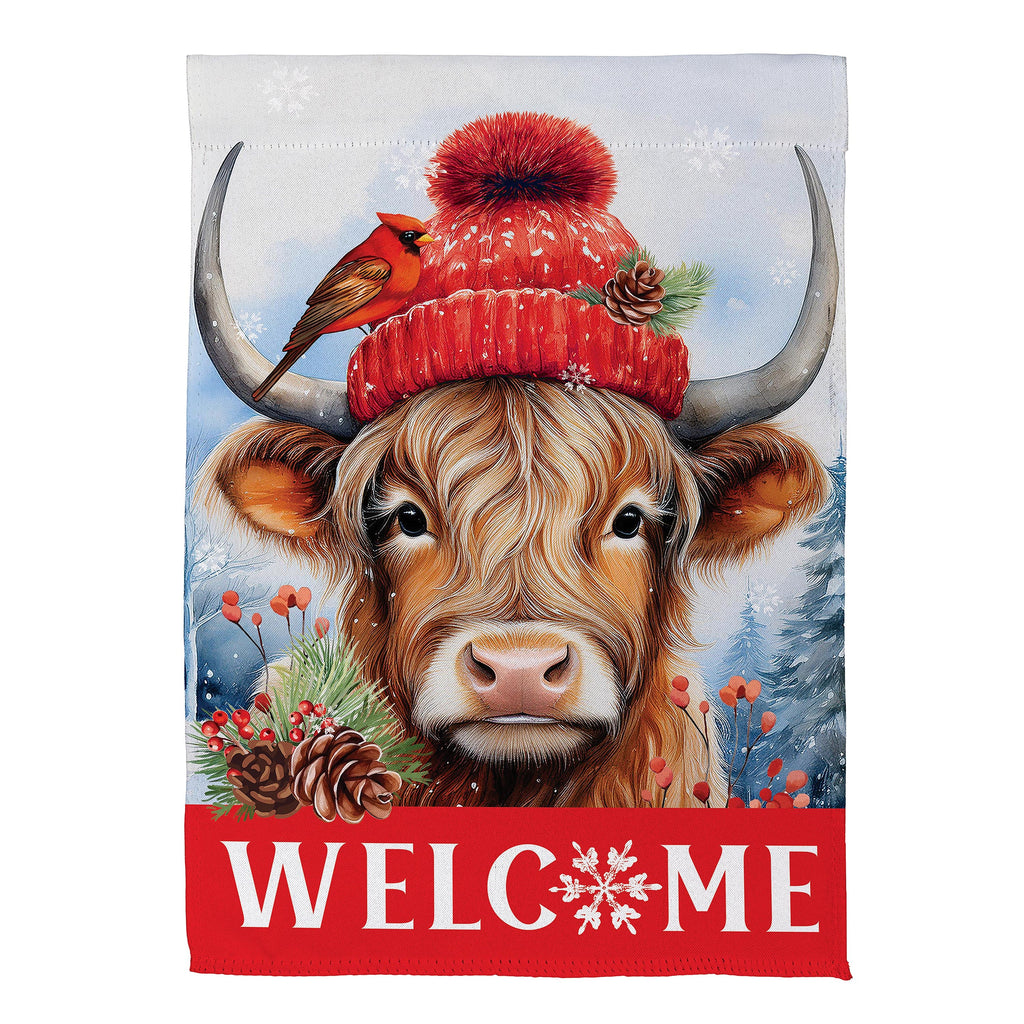 Bundled Up Highland Cow Suede Garden Flag