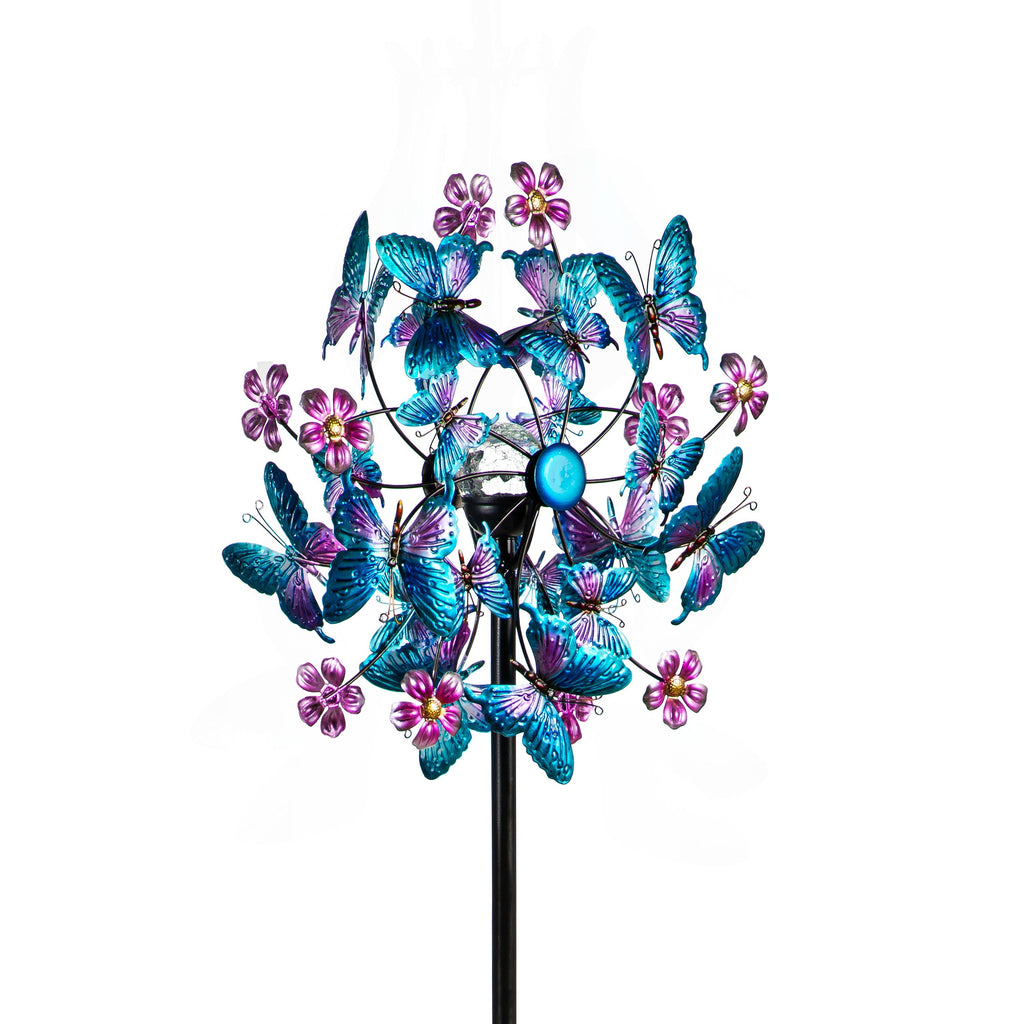 Solar Metal Wind Spinner, Blue Butterfly & Flowers, 74"H