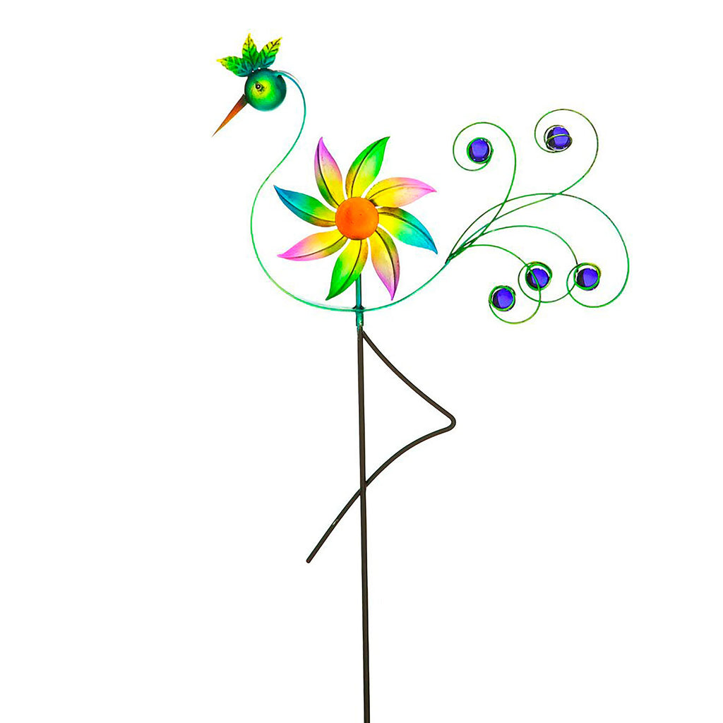 Cheerful Summer Days Windspinner Garden Stake, Green/yellow/pink Bird, Short