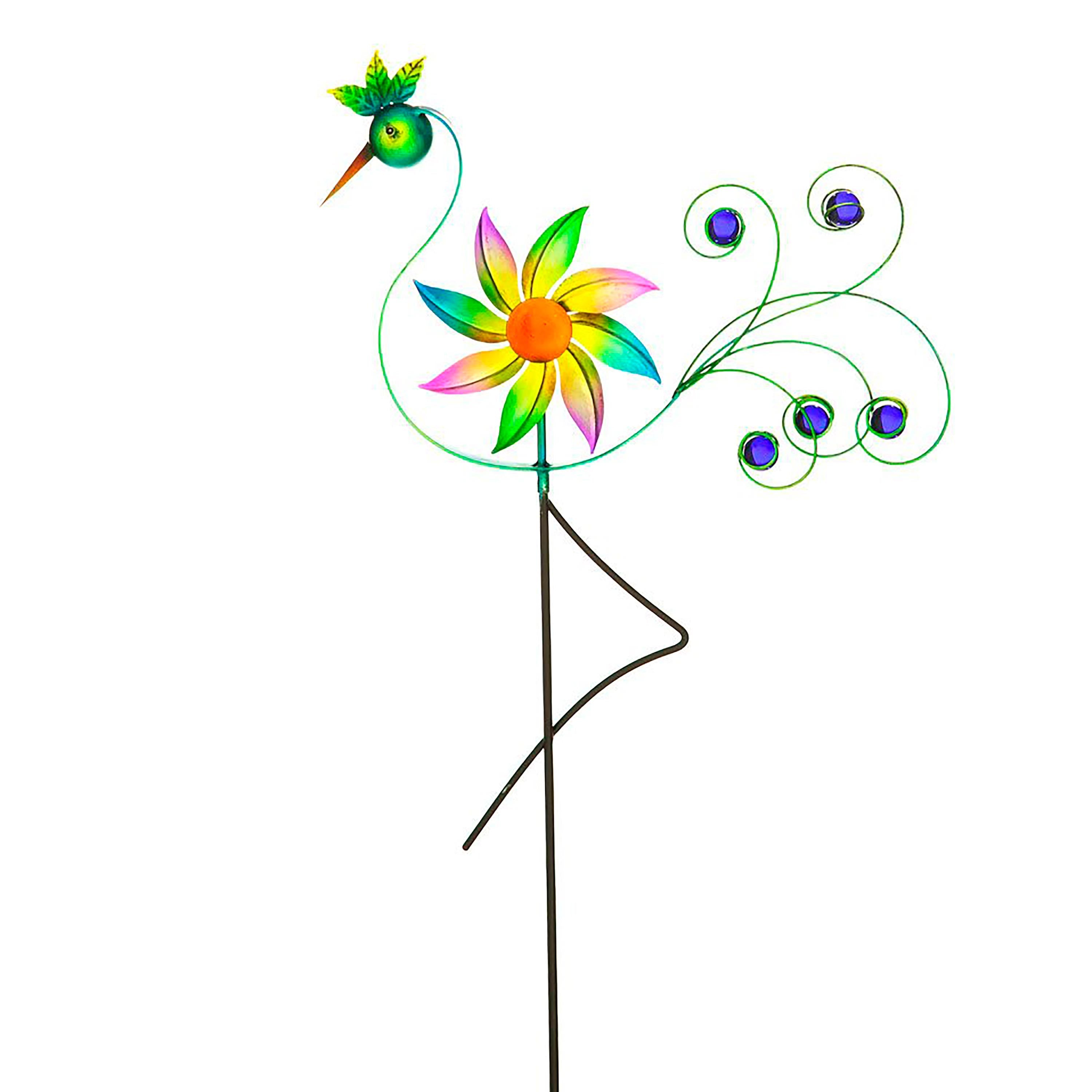 Cheerful Summer Days Windspinner Garden Stake, Green/yellow/pink Bird, Short