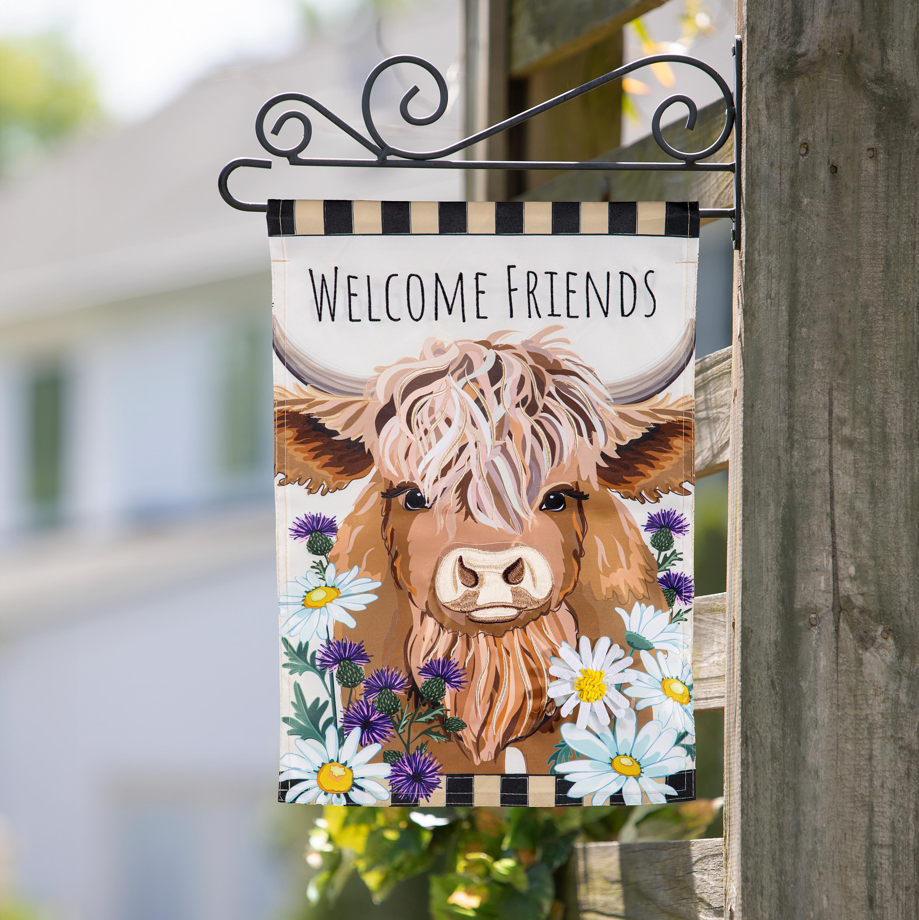 Hillside Pasture Highland Cow Welcome Friends Applique Garden Flag
