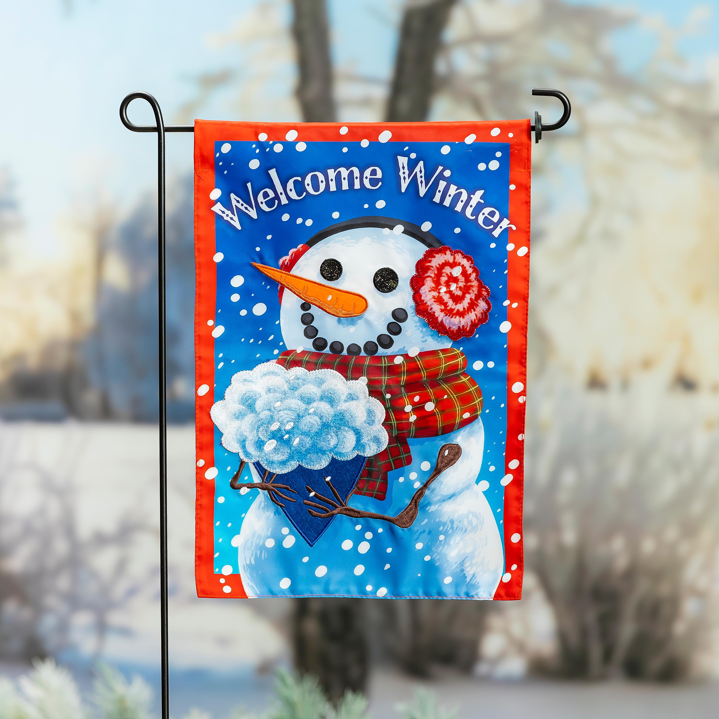 Snowman with Bouquet Applique Garden Flag