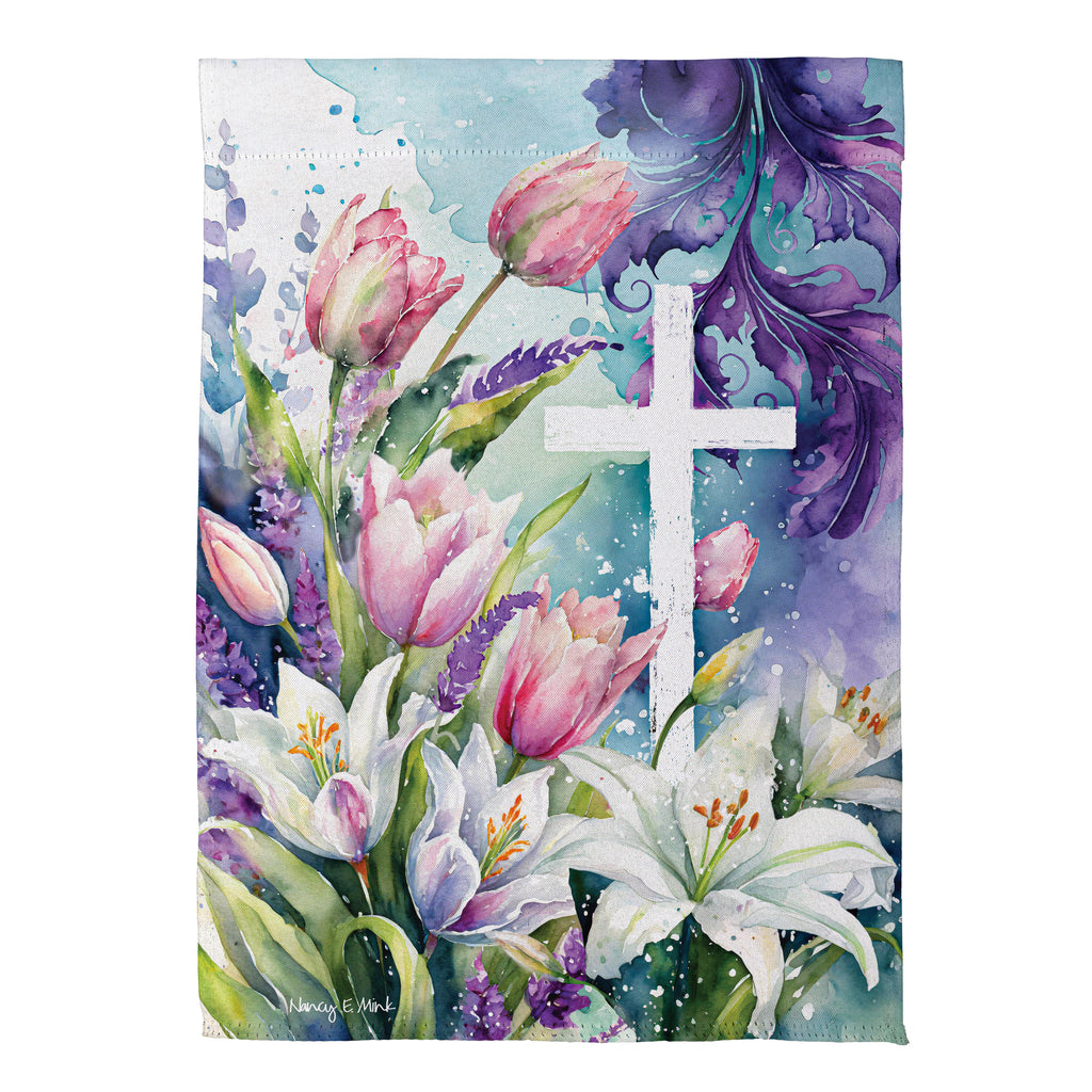 Tulip & Easter Lily Cross Suede Garden Flag