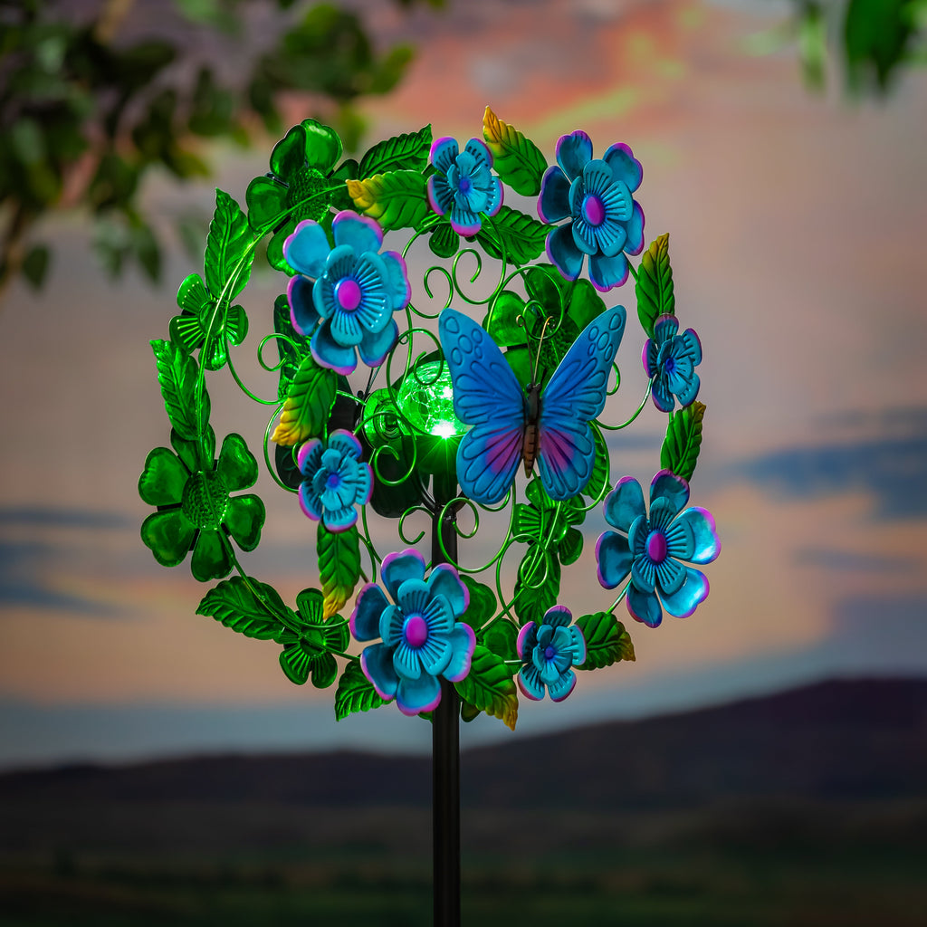 Solar Metal Wind Spinner, Blueflower & Butterfly, 74"H