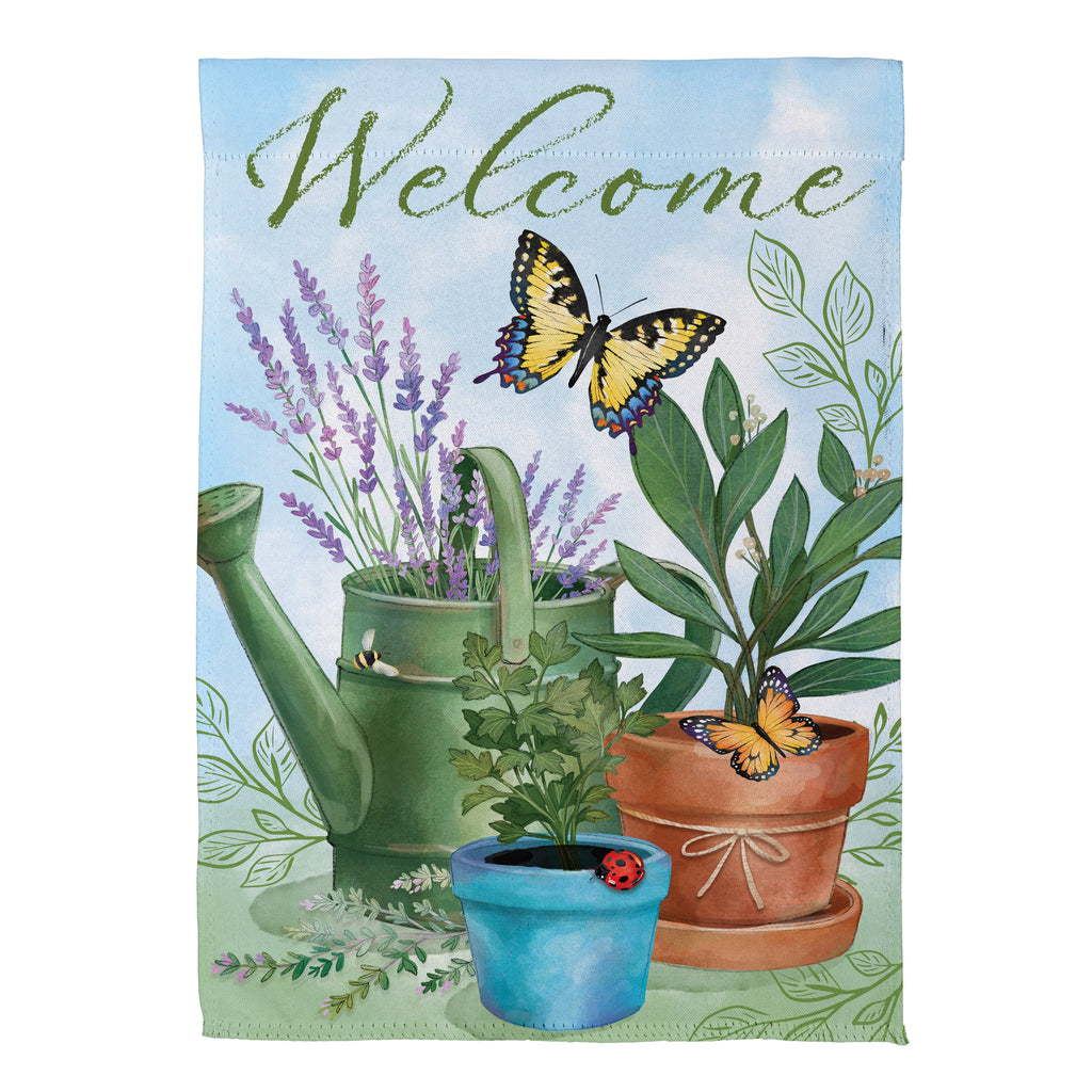 Cottage Garden Watering Can & Plants Suede Garden Flag