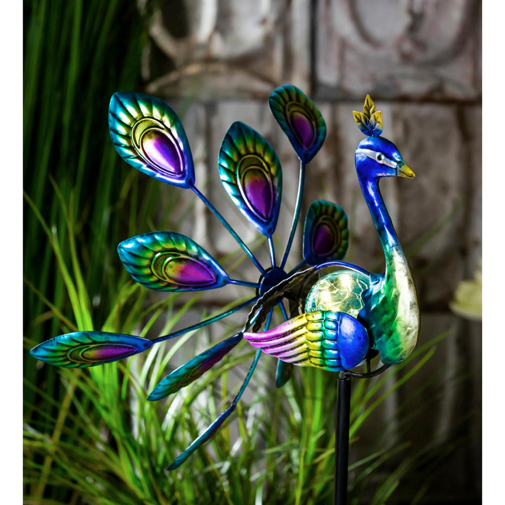 Tropical Oasis Wind Spinner, Solar Staked Peacock Staked Wind Spinner, 37"H