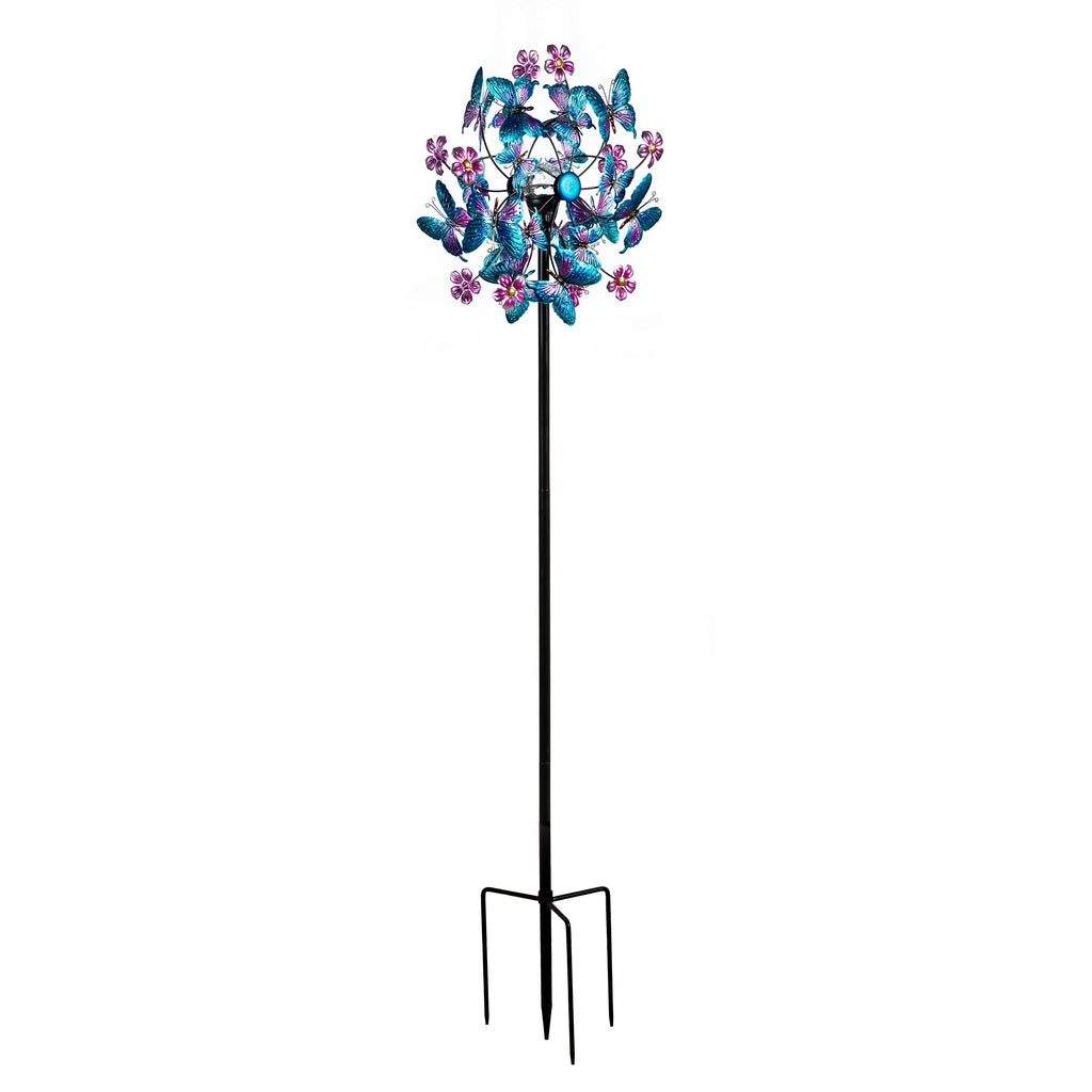 Solar Metal Wind Spinner, Blue Butterfly & Flowers, 74"H