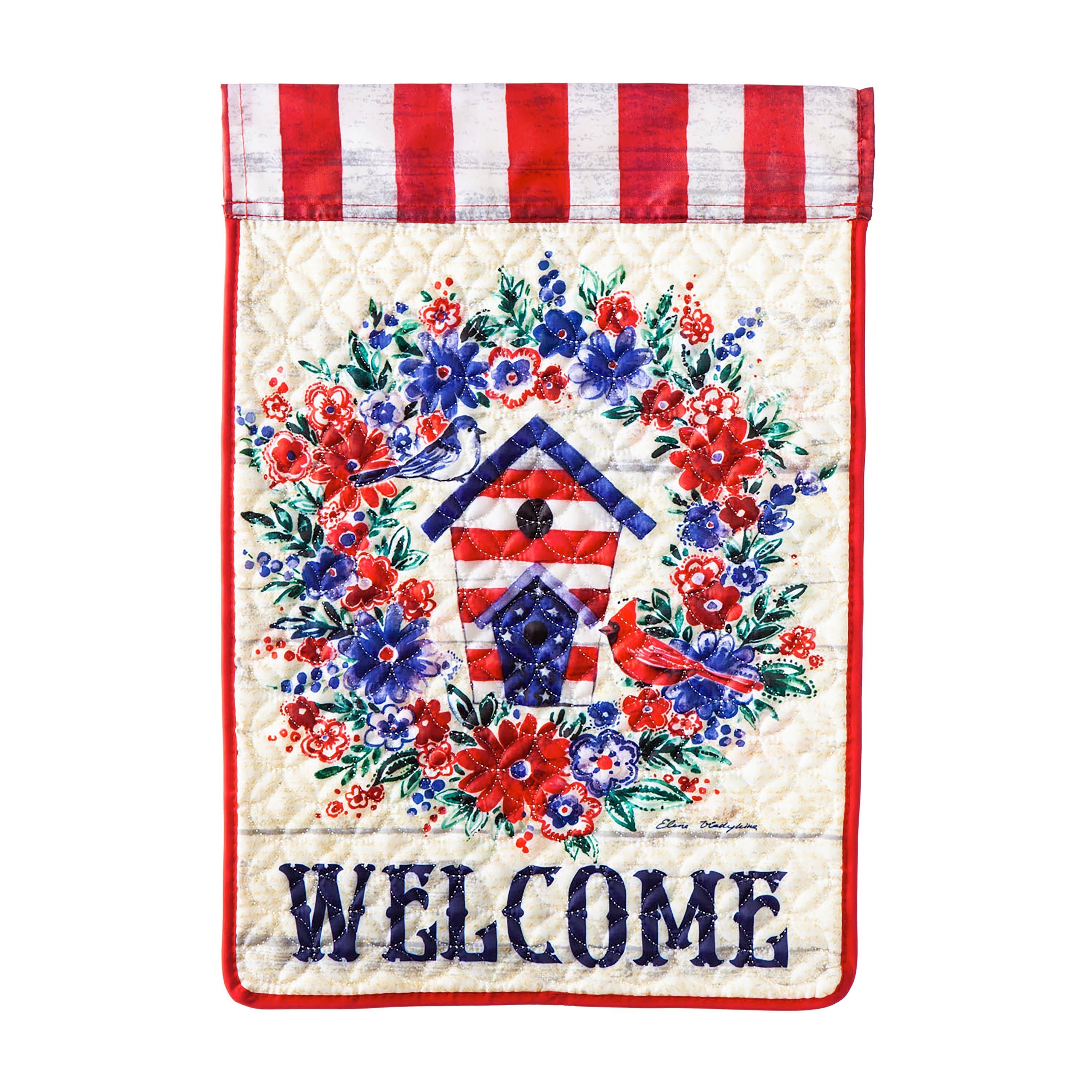 Birdhouse Wreath Garden Quilted Flag