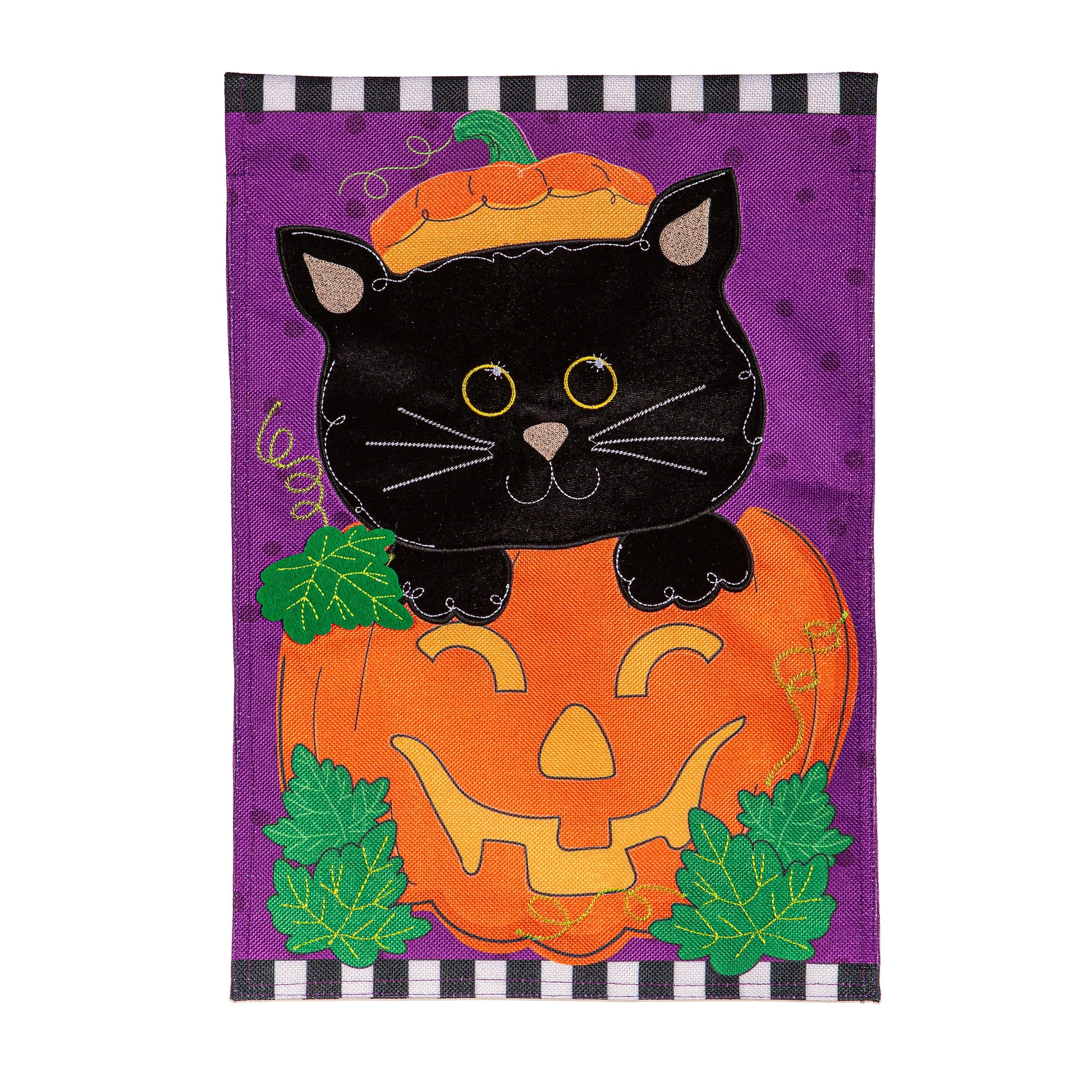 Jack O'Lantern & Black Cat Burlap Garden Flag
