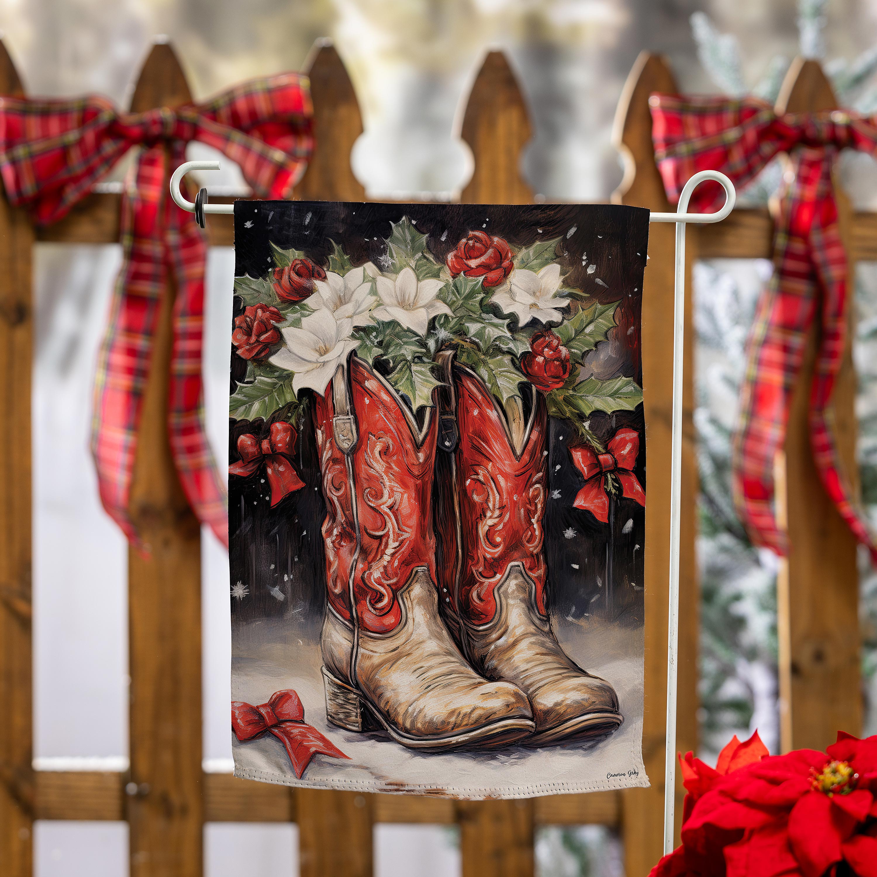 Red Christmas Cowboy Boots Suede Garden Flag