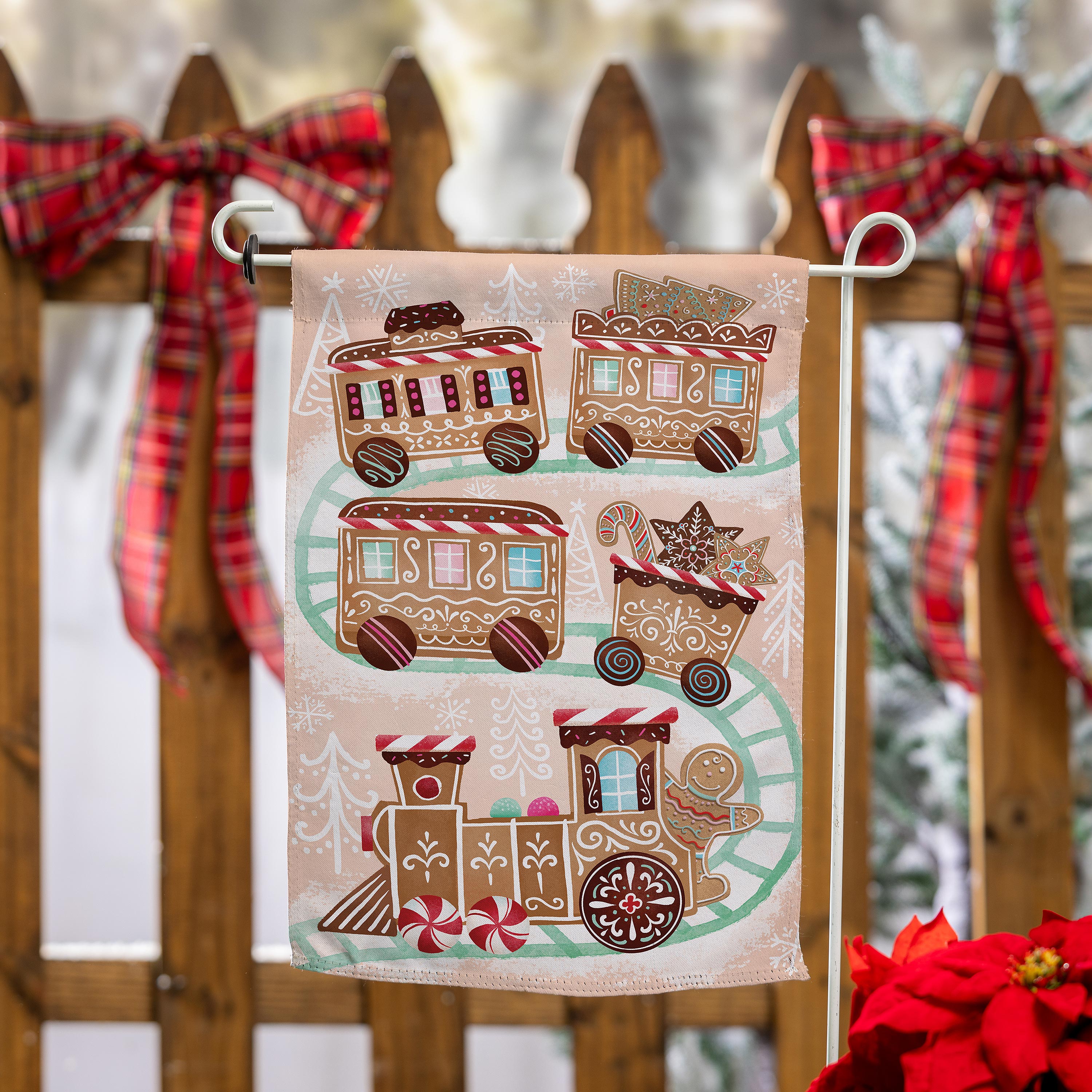 Gingerbread Train Suede Garden Flag