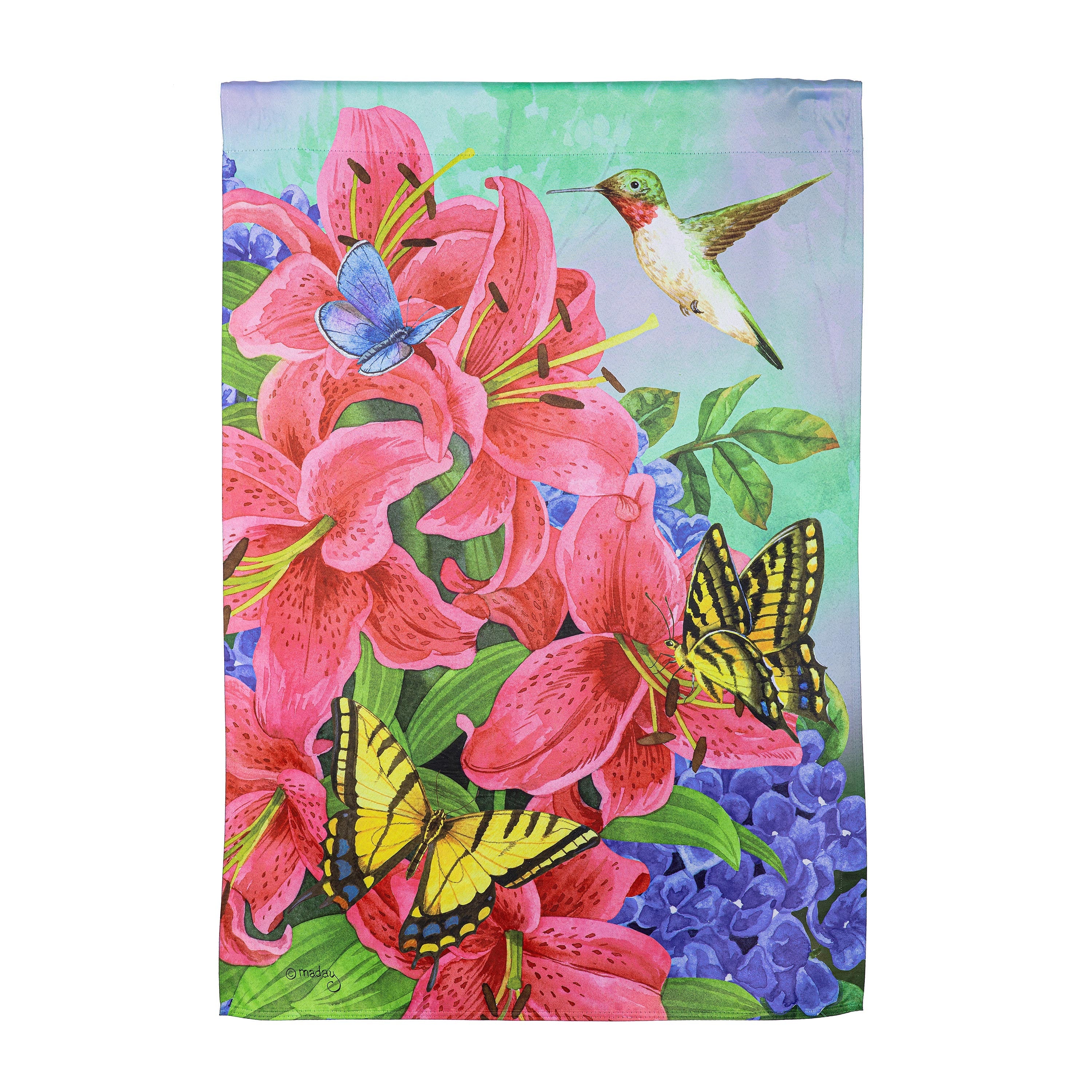 Swallowtail and Hummingbird Suede Garden Flag