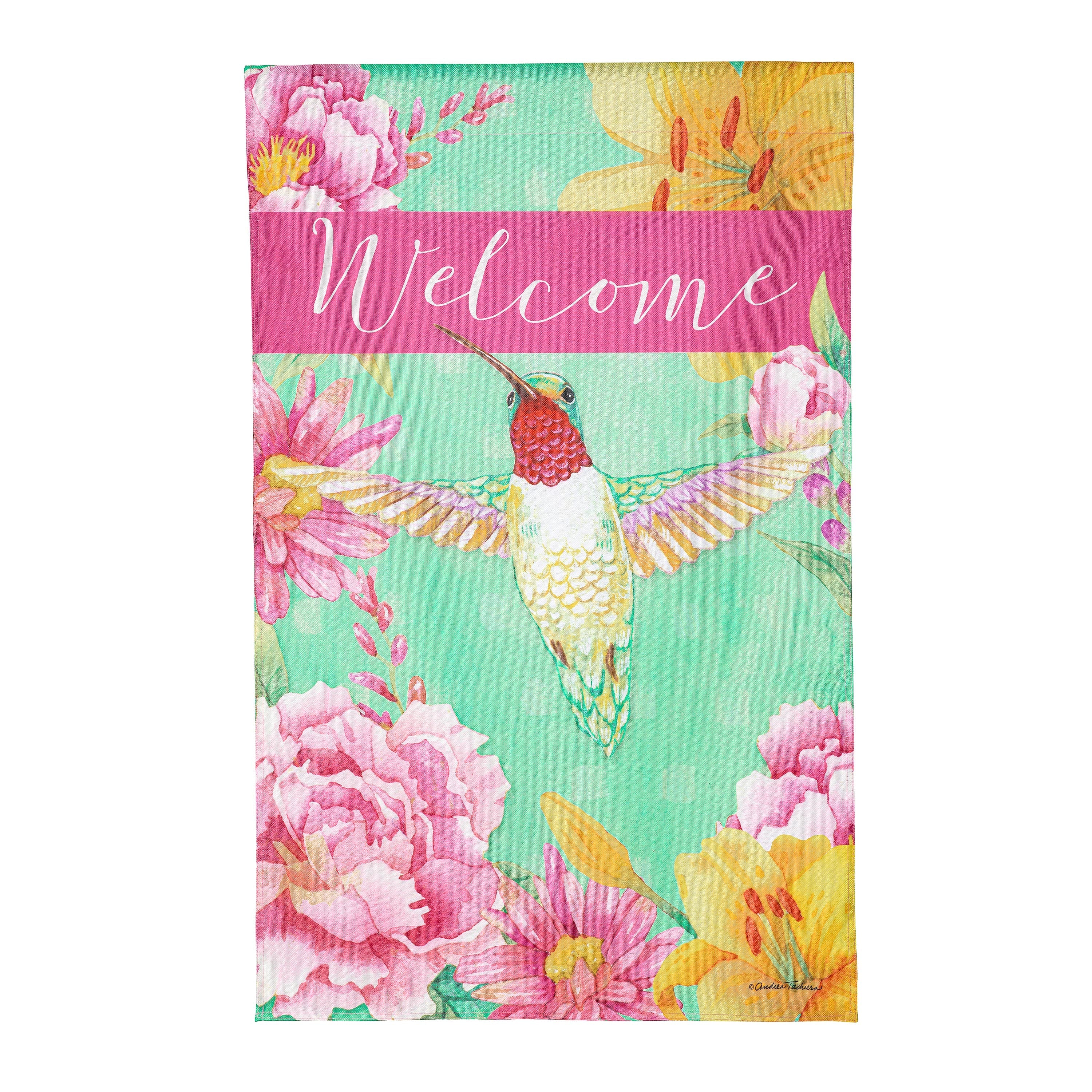 Welcome Hummingbird Burlap House Flag