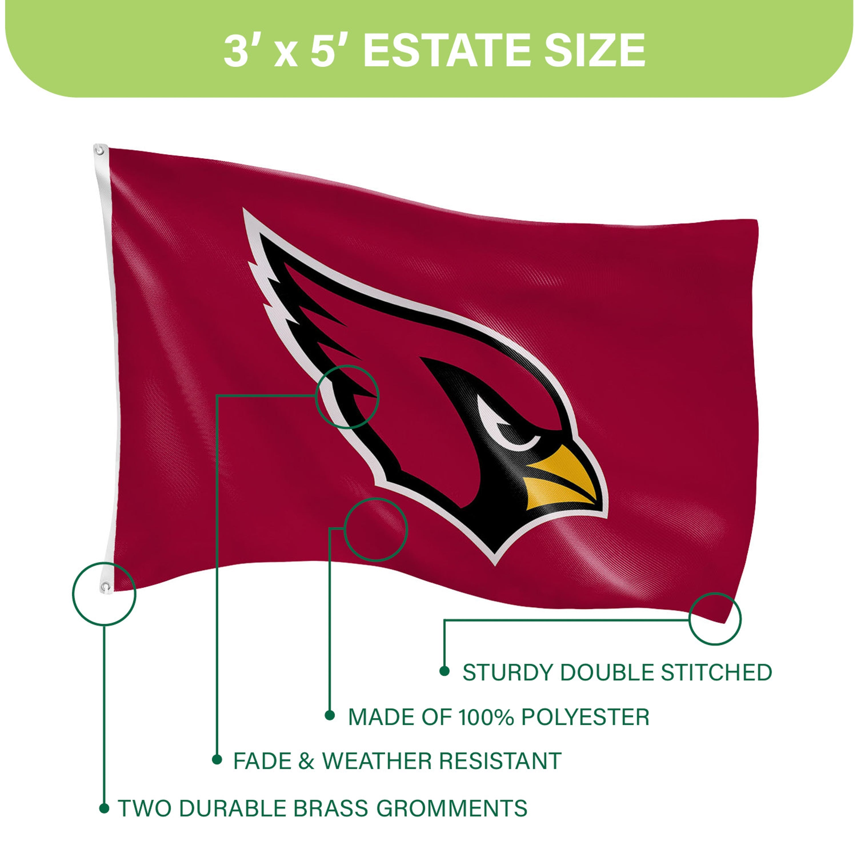 Arizona Cardinals Single Sided Flag w/ 2 Grommets, 3'x5'