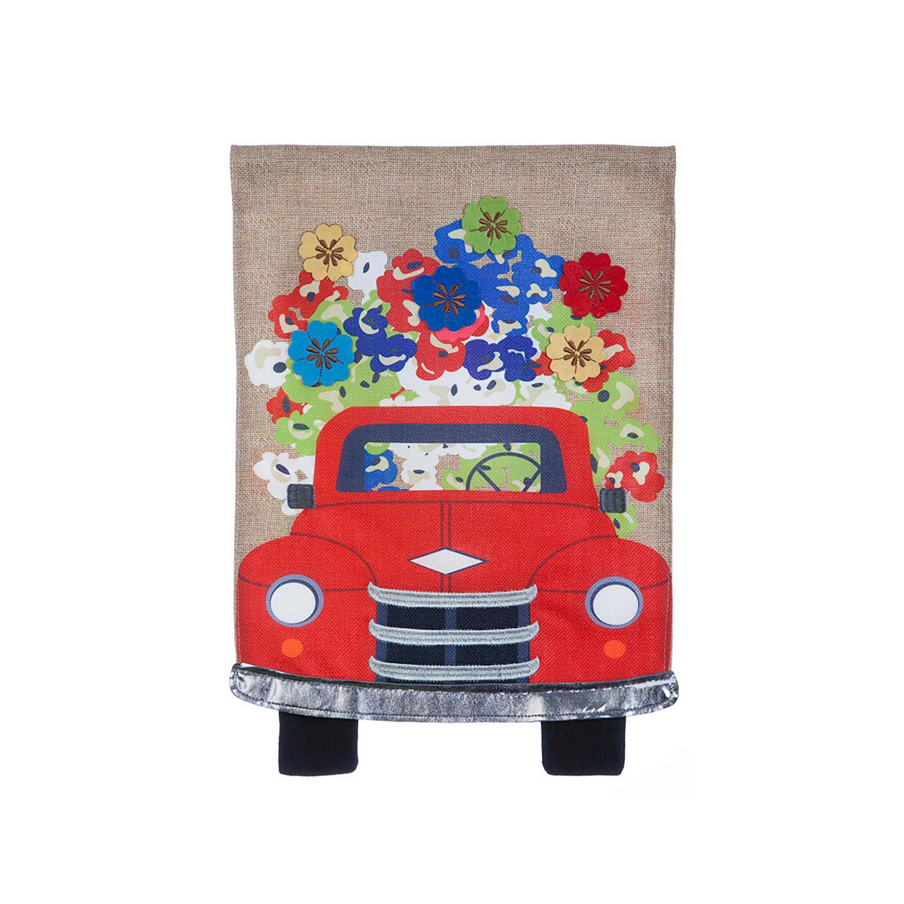 Burlap garden flag, Red Truck Flowers