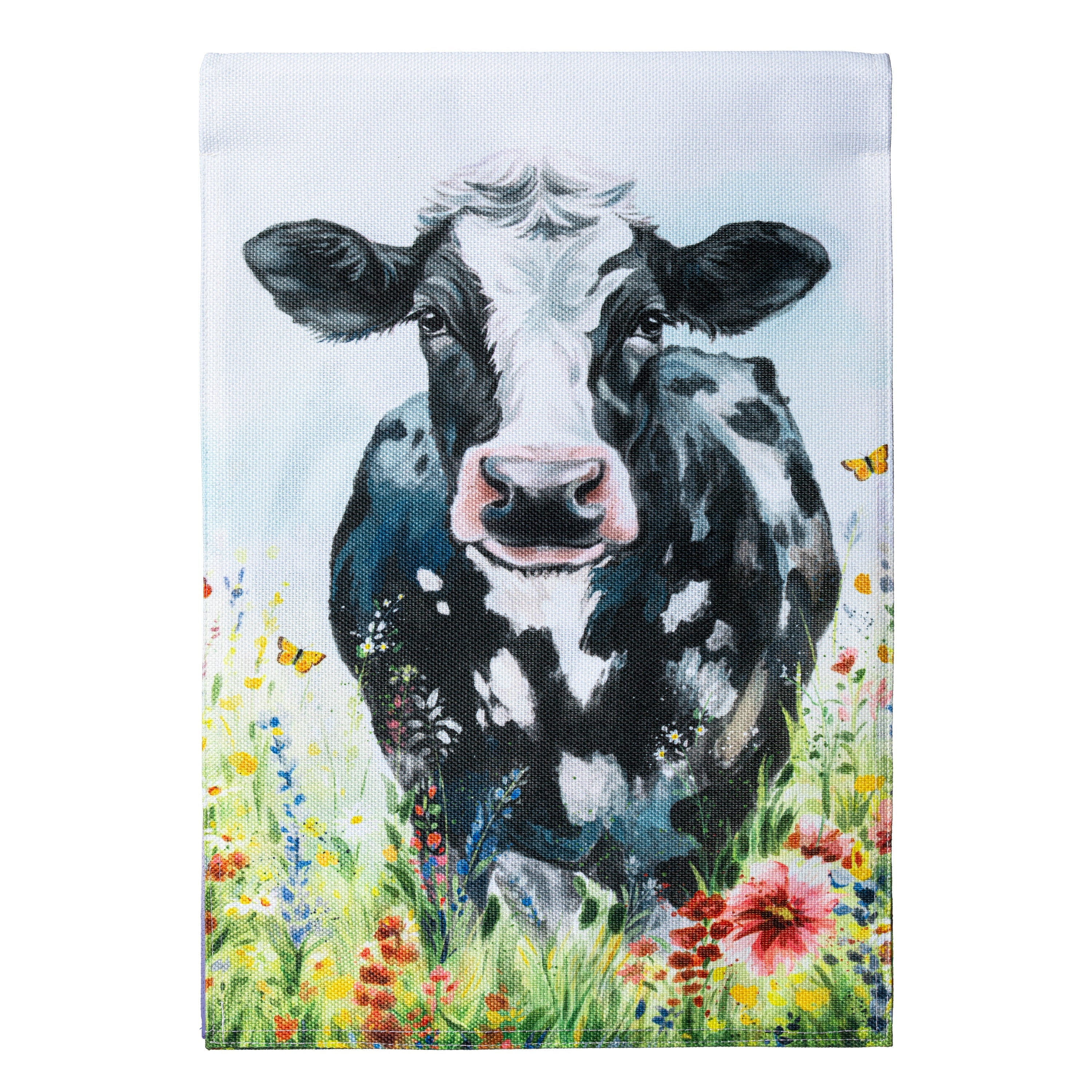 Hillside Pasture Floral Cow Burlap House Flag