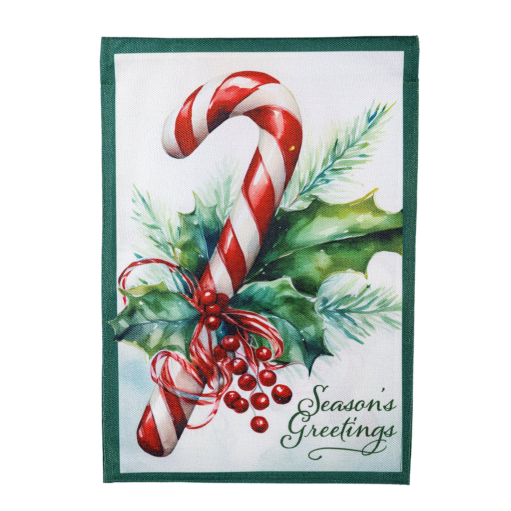 Season's Greetings Candy Cane Burlap Garden Flag