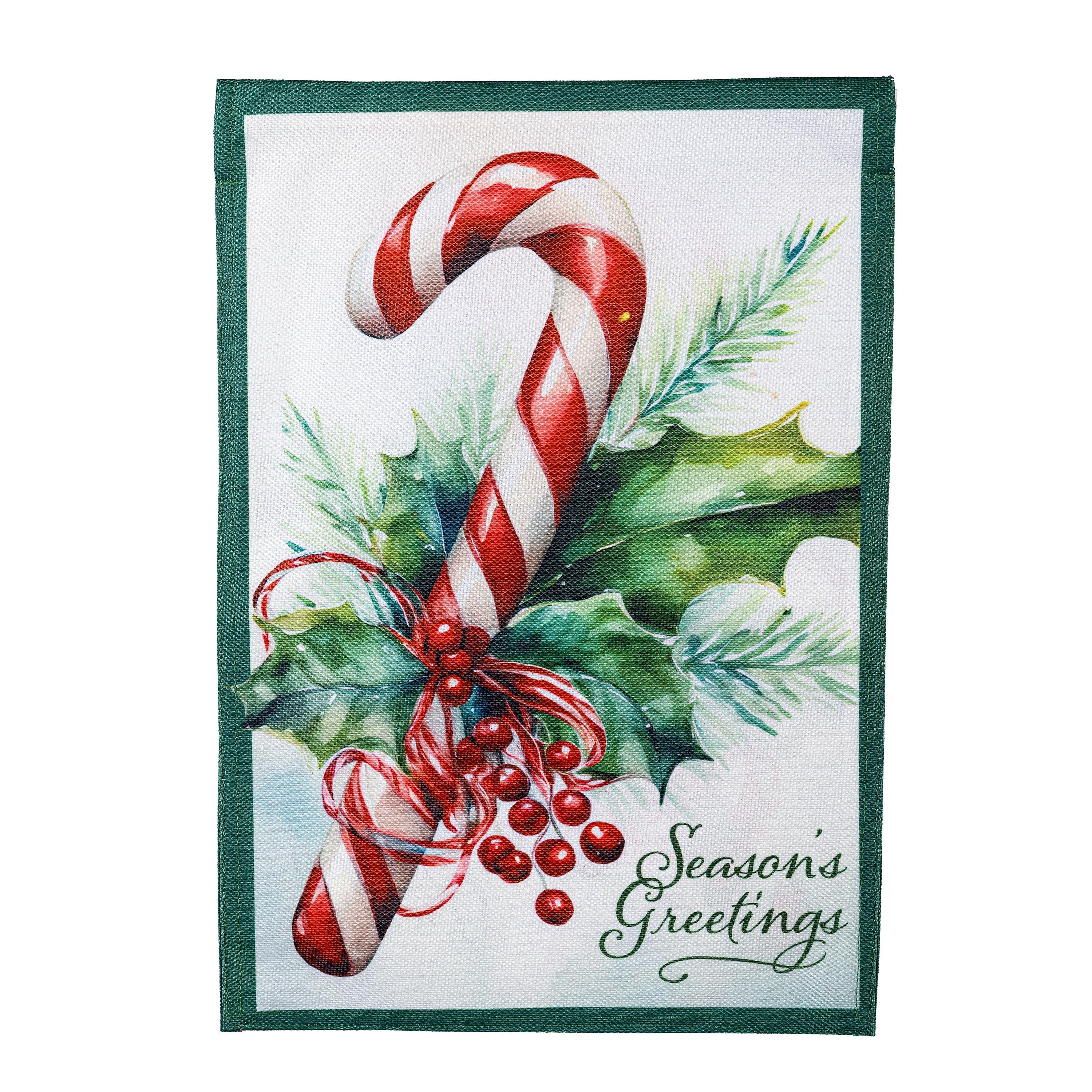 Season's Greetings Candy Cane Burlap Garden Flag