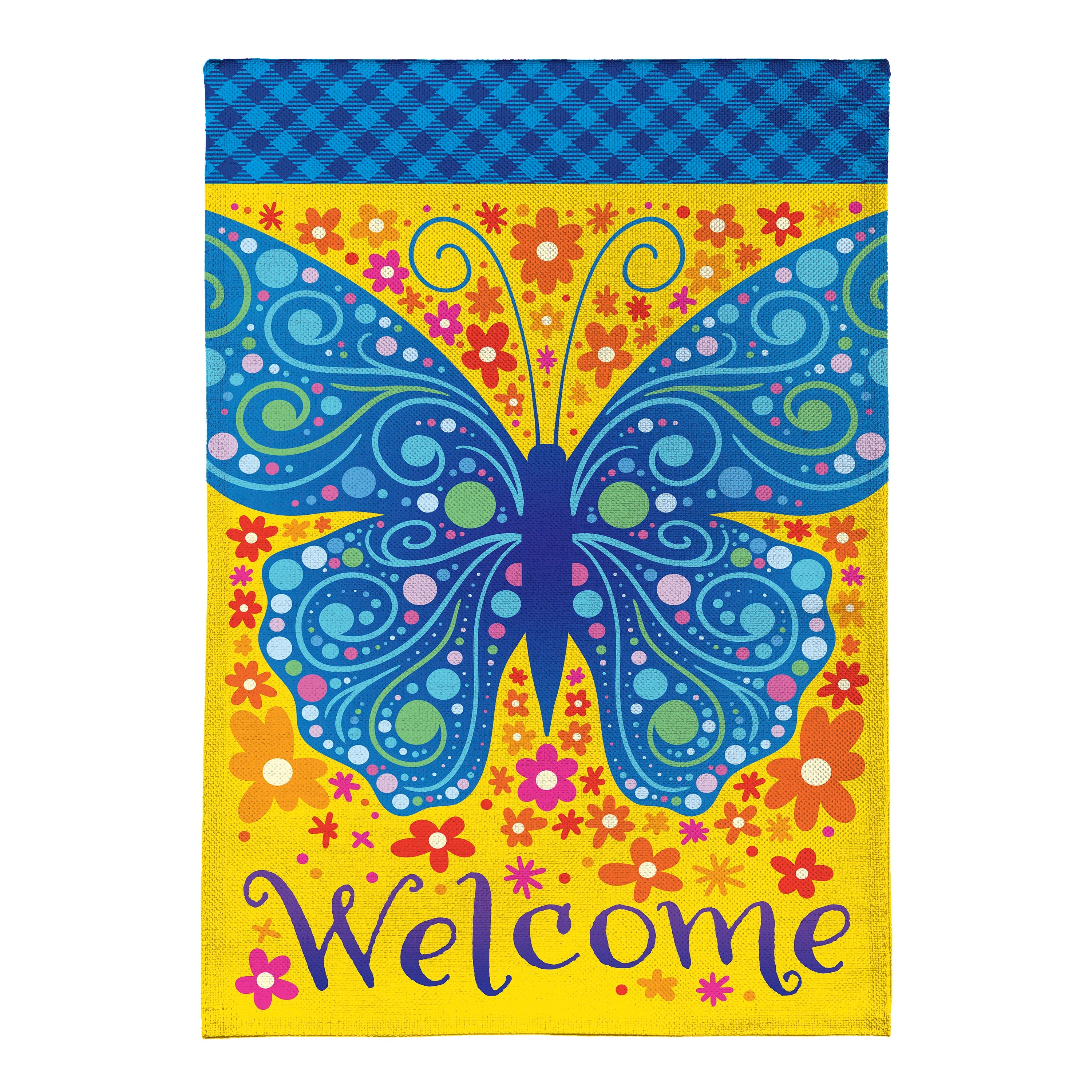 Welcome Mosaic Blue Butterfly Burlap Garden Flag
