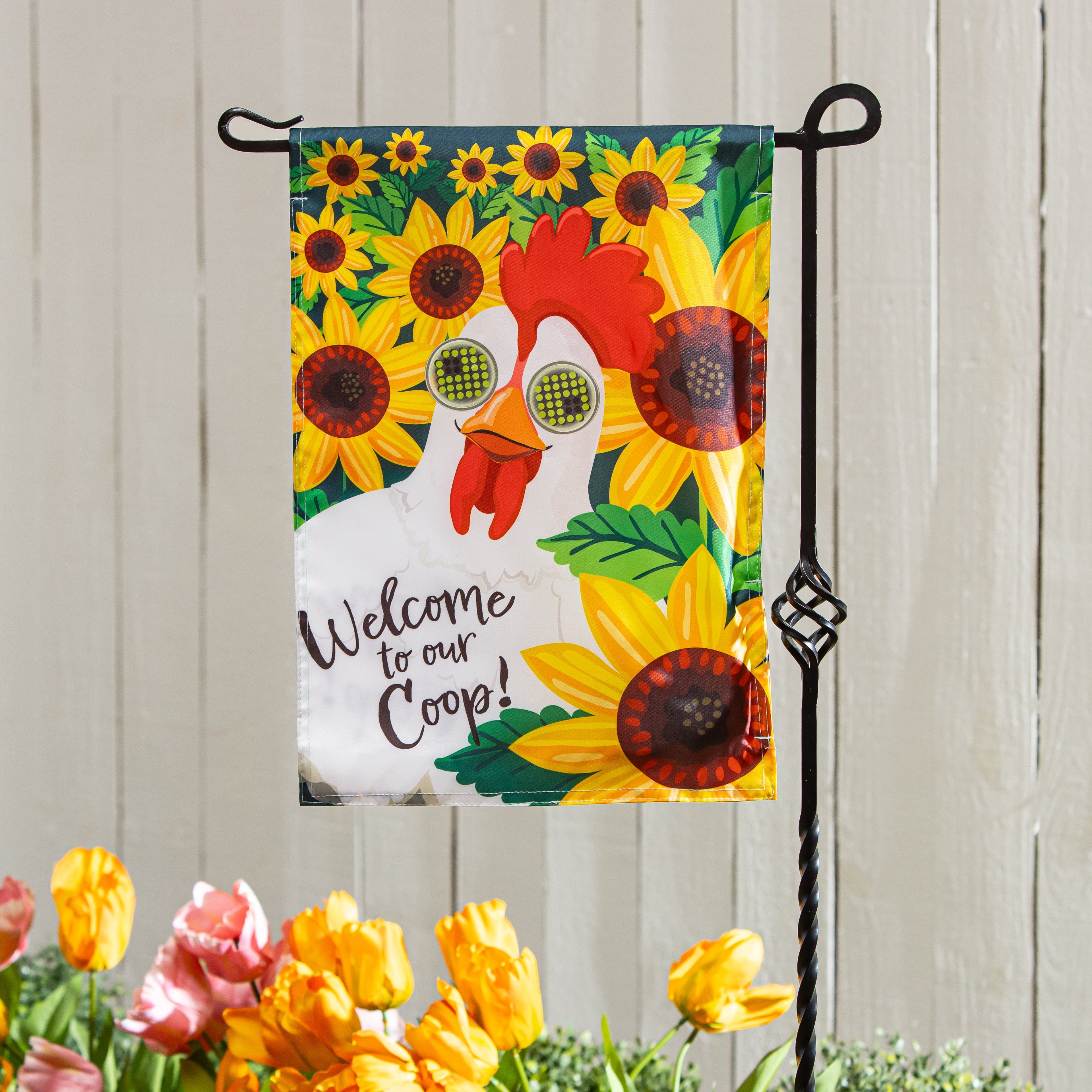 Animated Welcome To Our Coop Applique Lighted Garden Flag