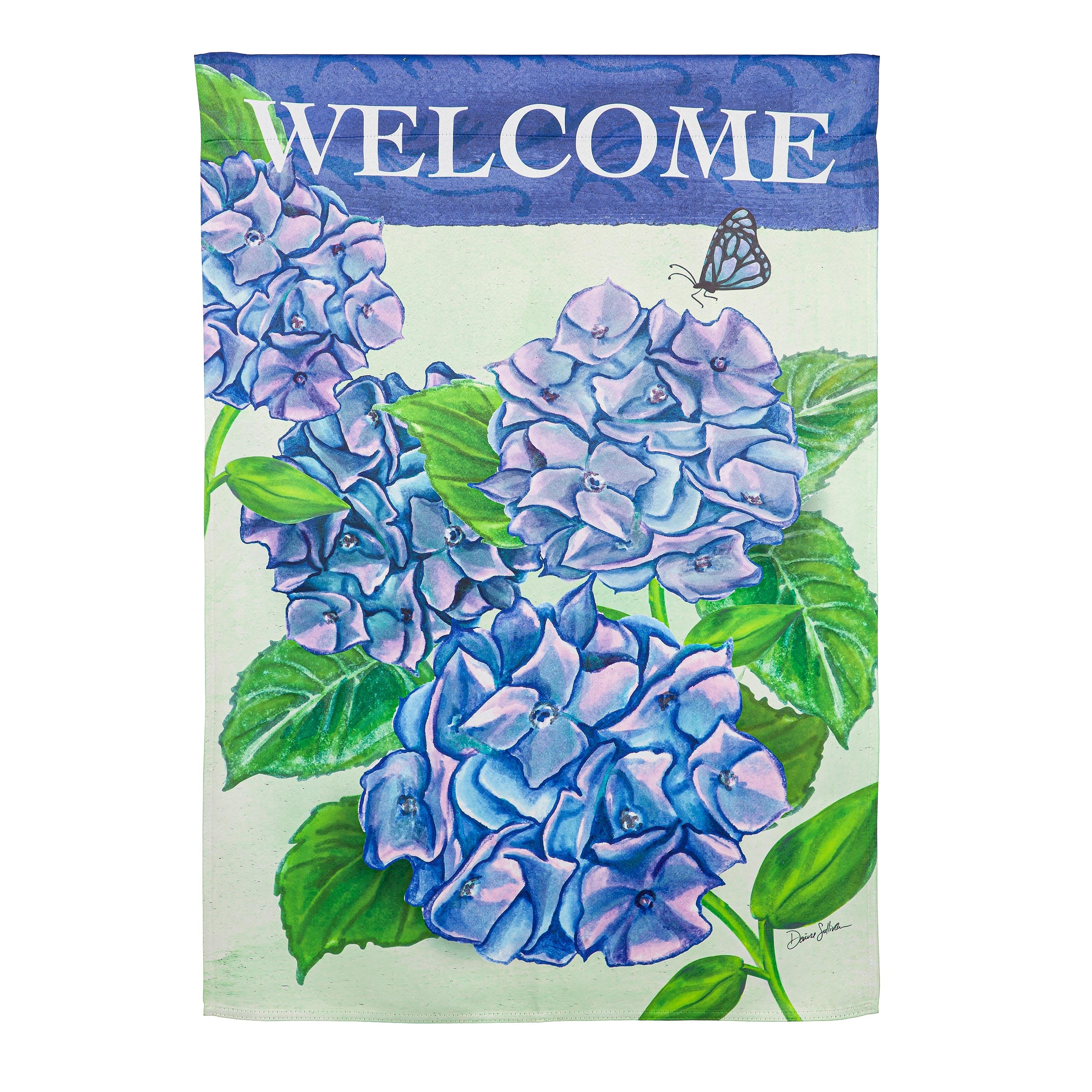 Welcome Garden Hydrangeas Suede House Flag
