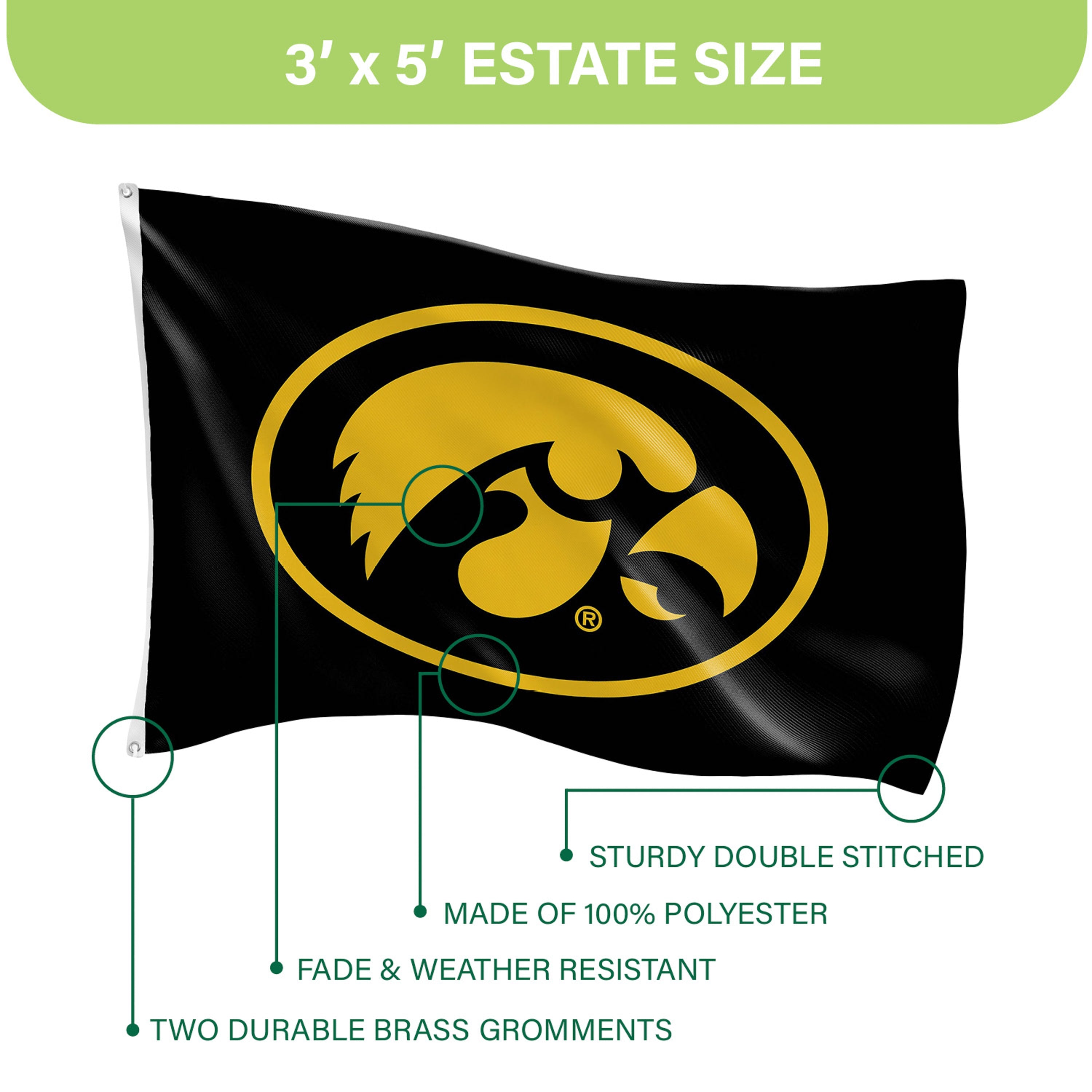 University of Iowa Single Sided Estate Flag with 2 Grommets, 3'x5'