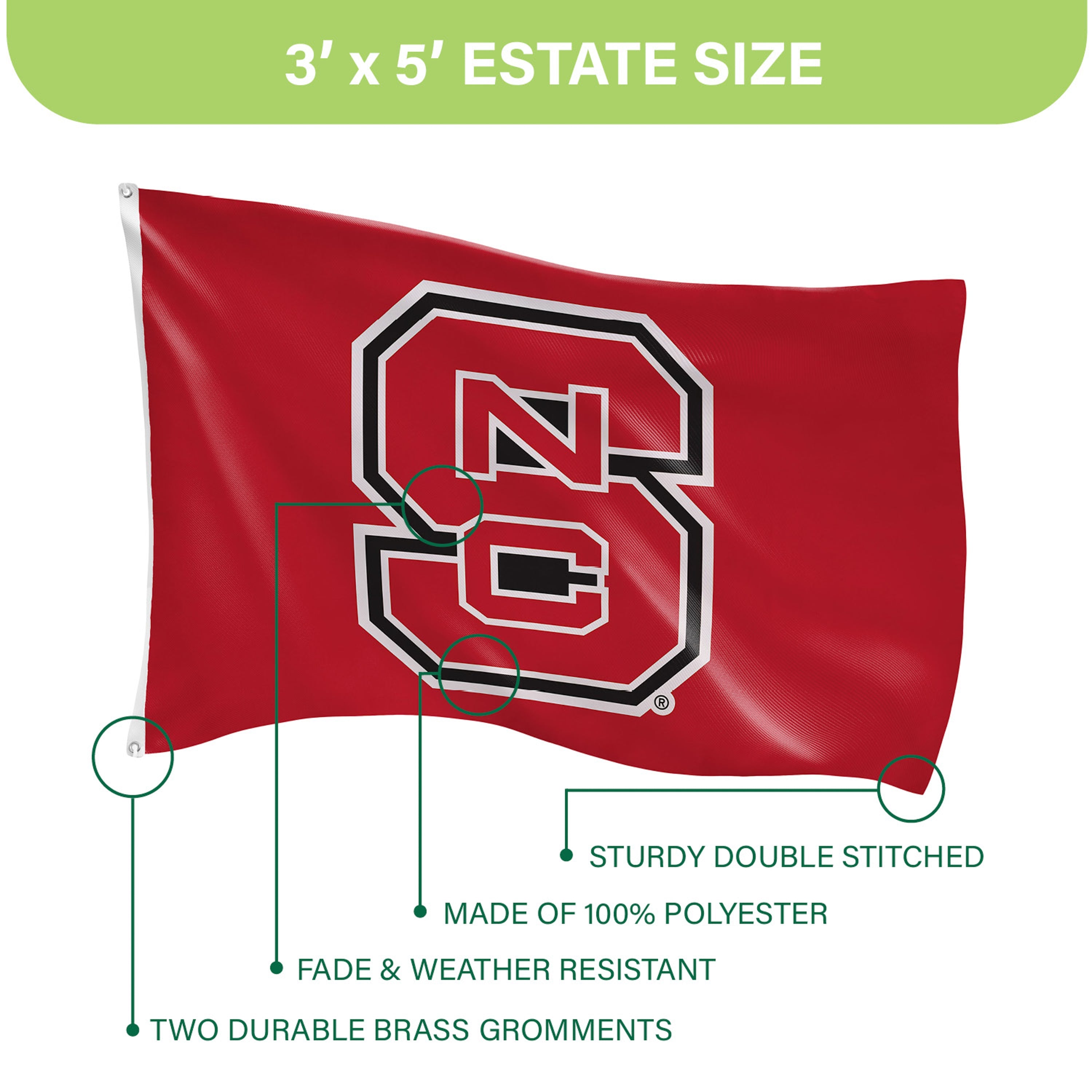 North Carolina State University Single Sided Flag w/ 2 Grommets, 3'x5'