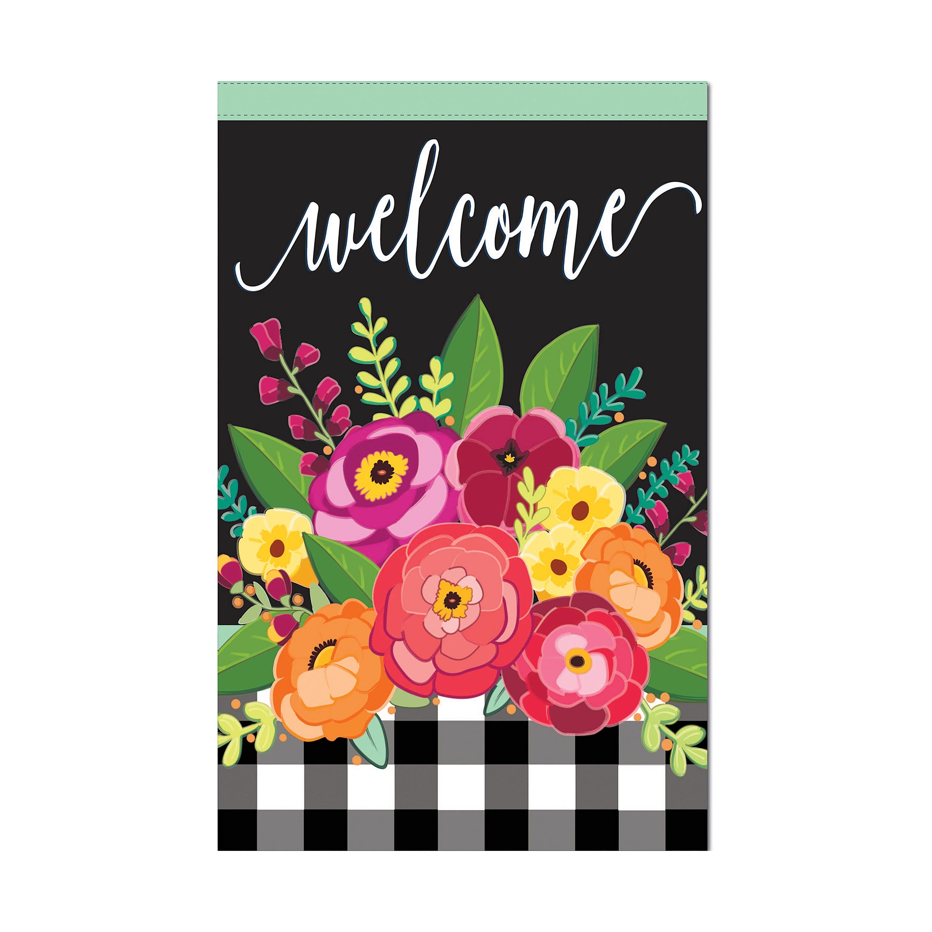 Floral Welcome Check House Linen Flag
