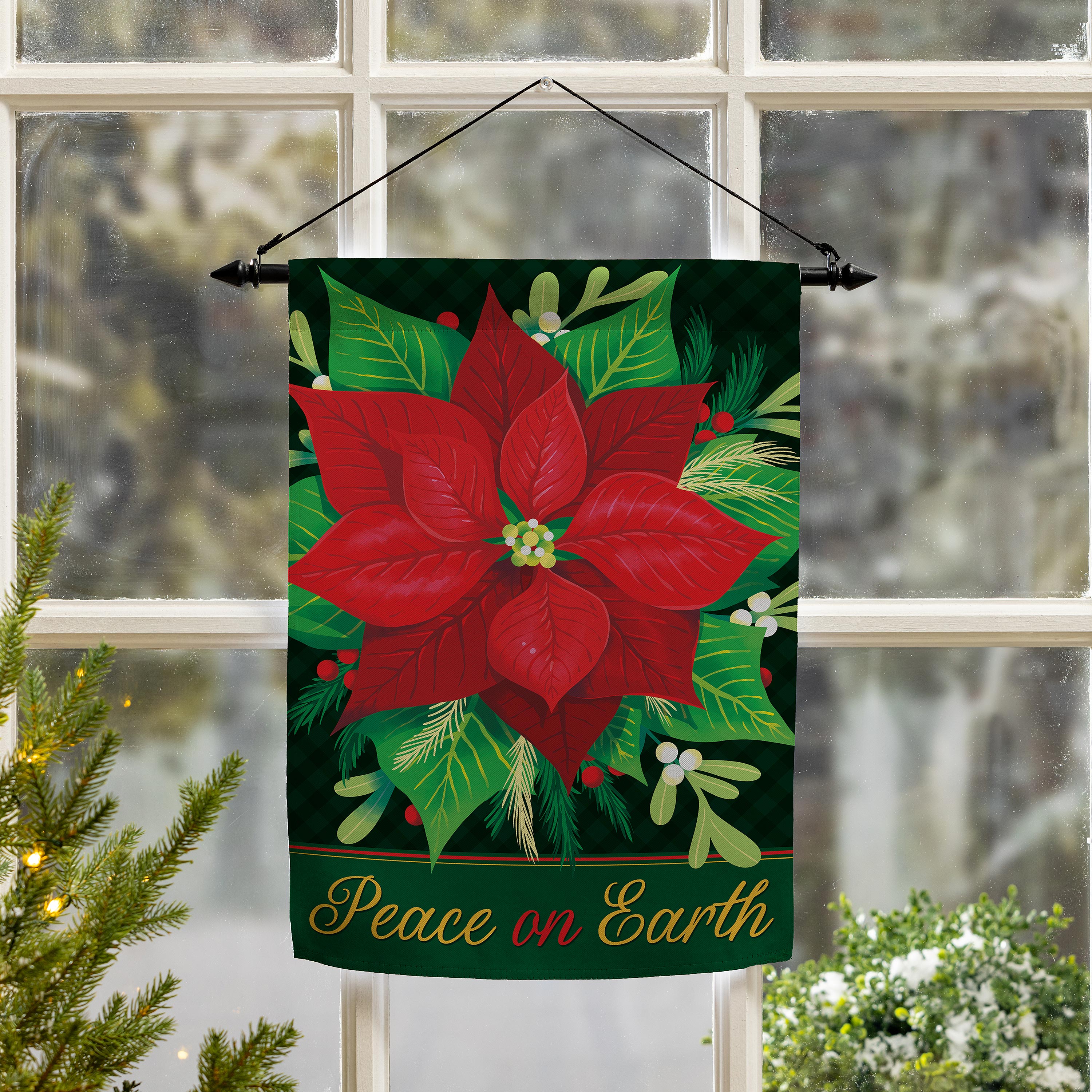 Peace on Earth Poinsettia Suede Garden Flag