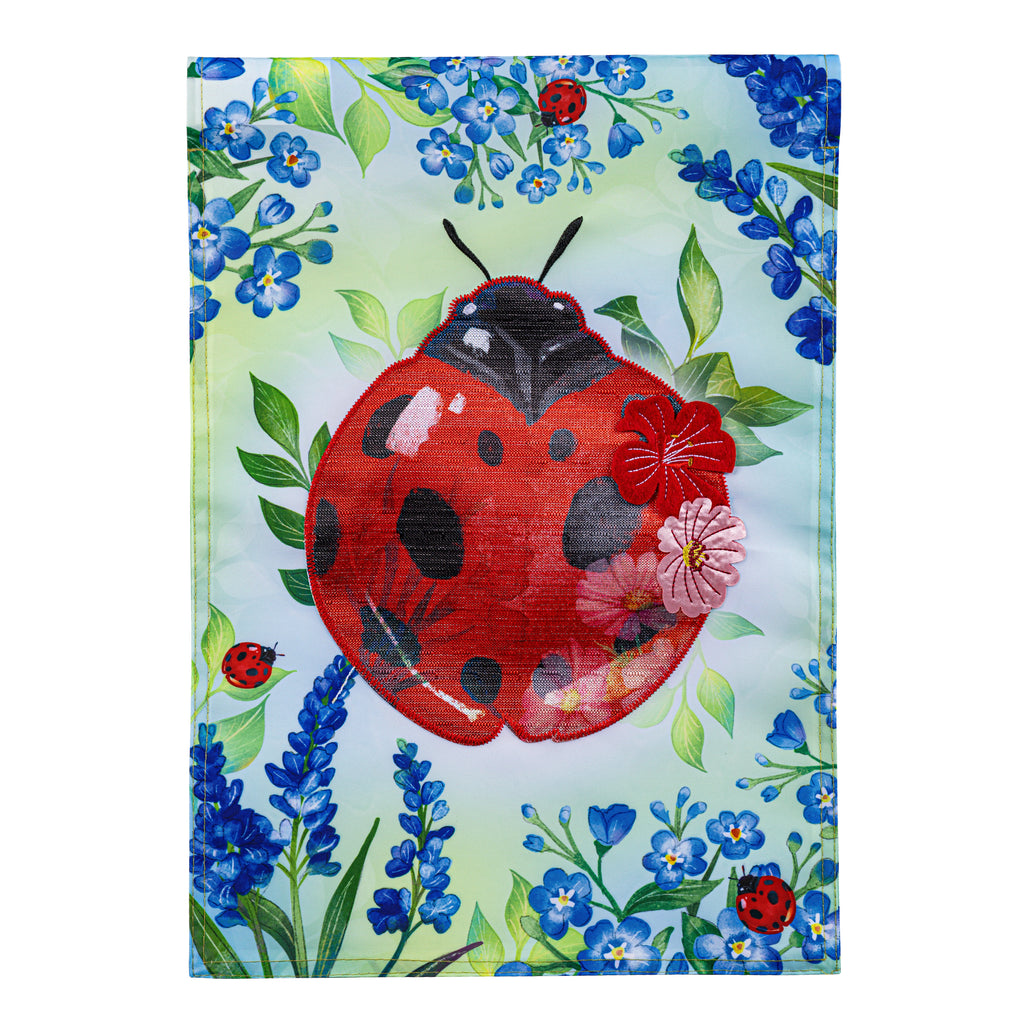 Cottage Garden Blue Florals Ladybug Applique Garden Flag