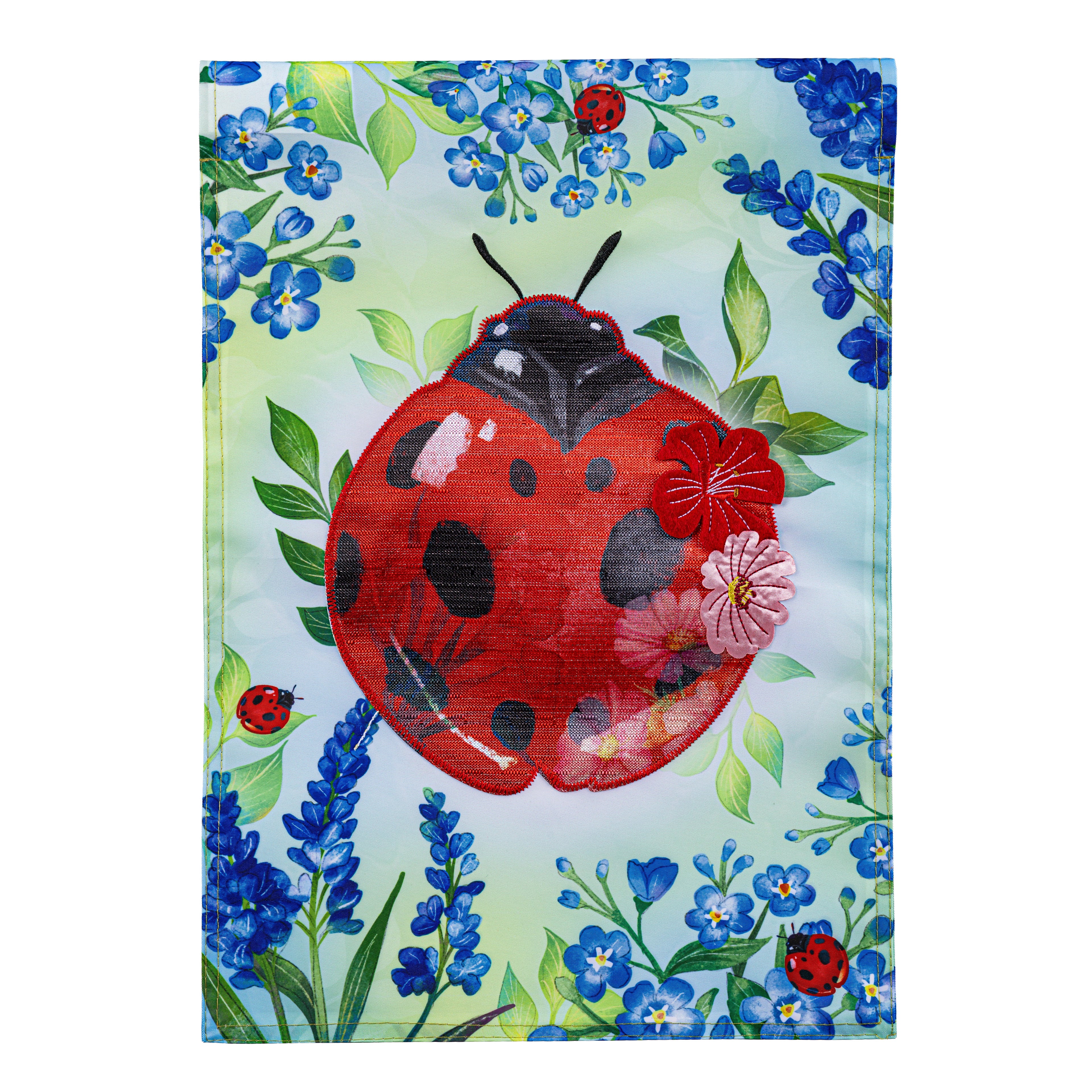 Cottage Garden Blue Florals Ladybug Applique Garden Flag
