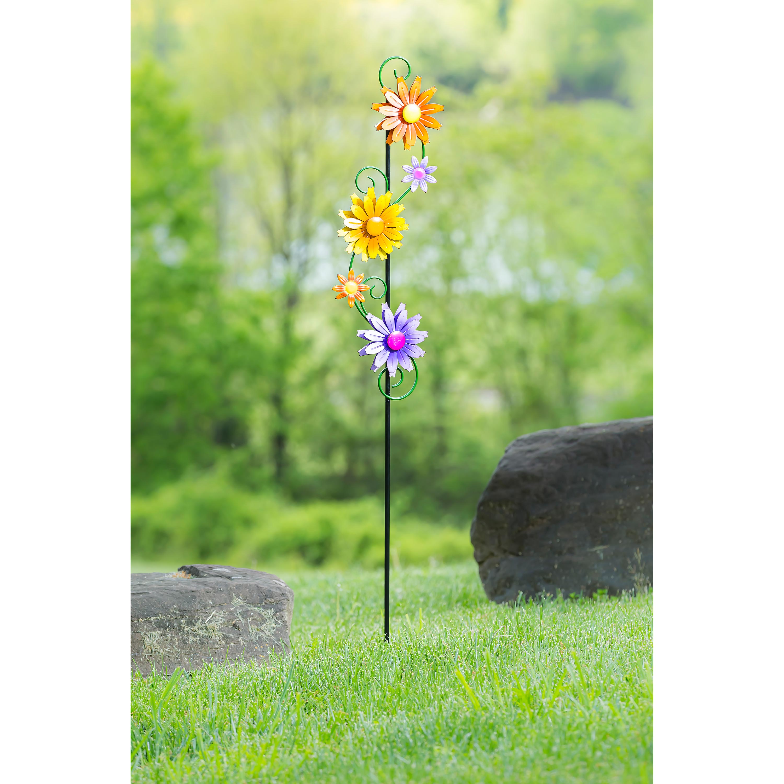 55"H Garden Stake with Spinning Flowers, Sunrise Trio